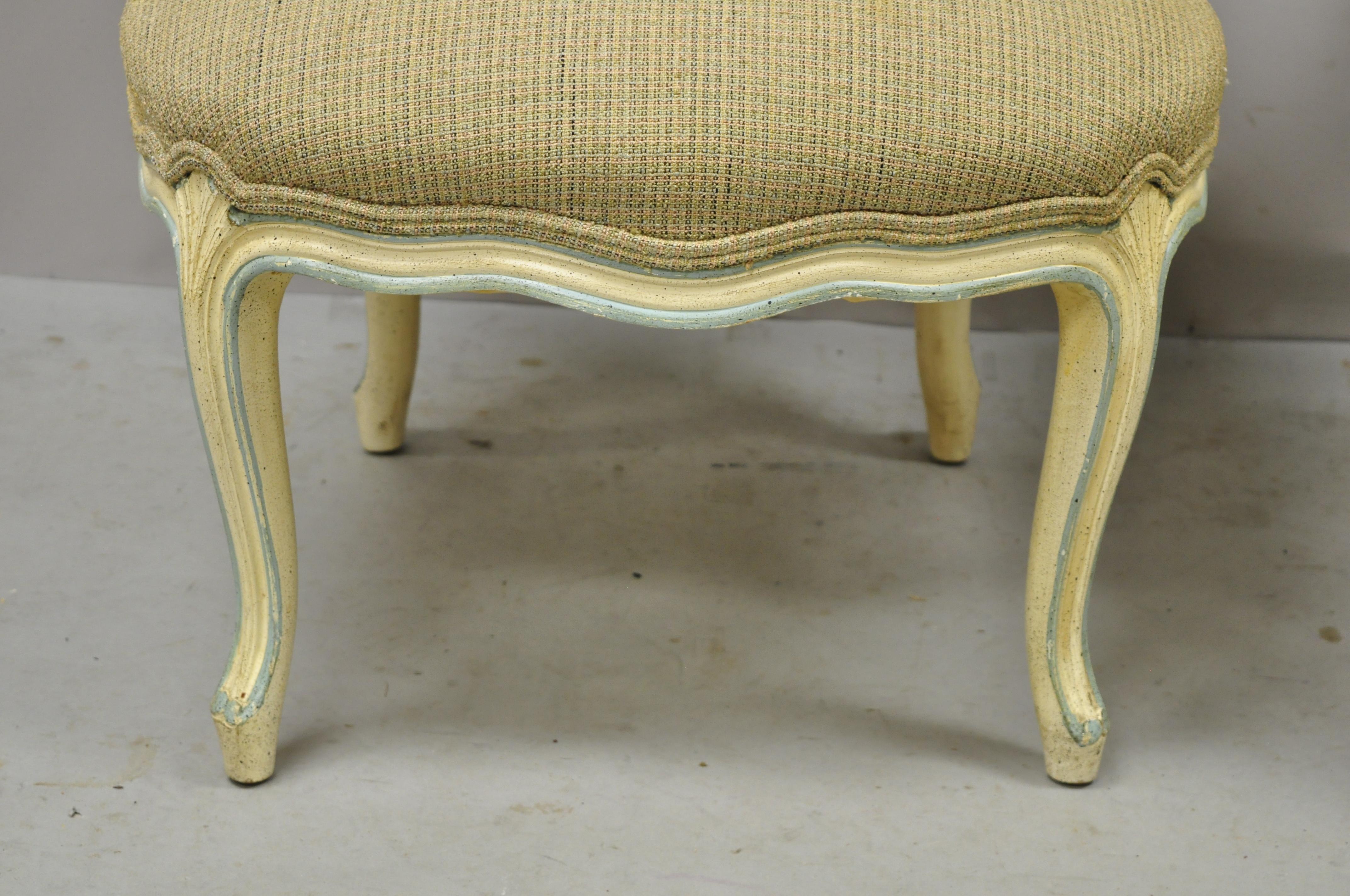 French Provincial Louis XV Cream Blue Hiprest Boudoir Slipper Chairs, a Pair For Sale 2
