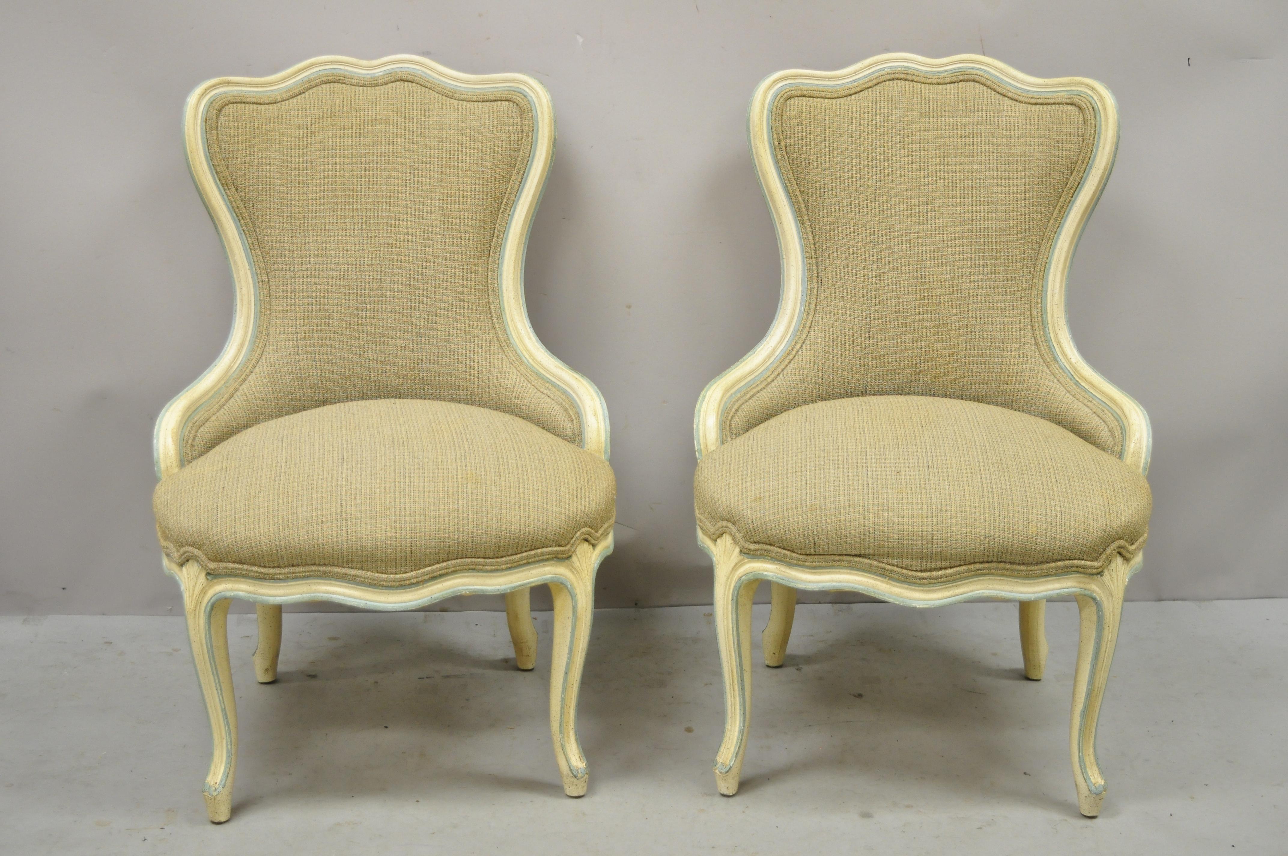 French Provincial Louis XV Cream Blue Hiprest Boudoir Slipper Chairs, a Pair For Sale 3