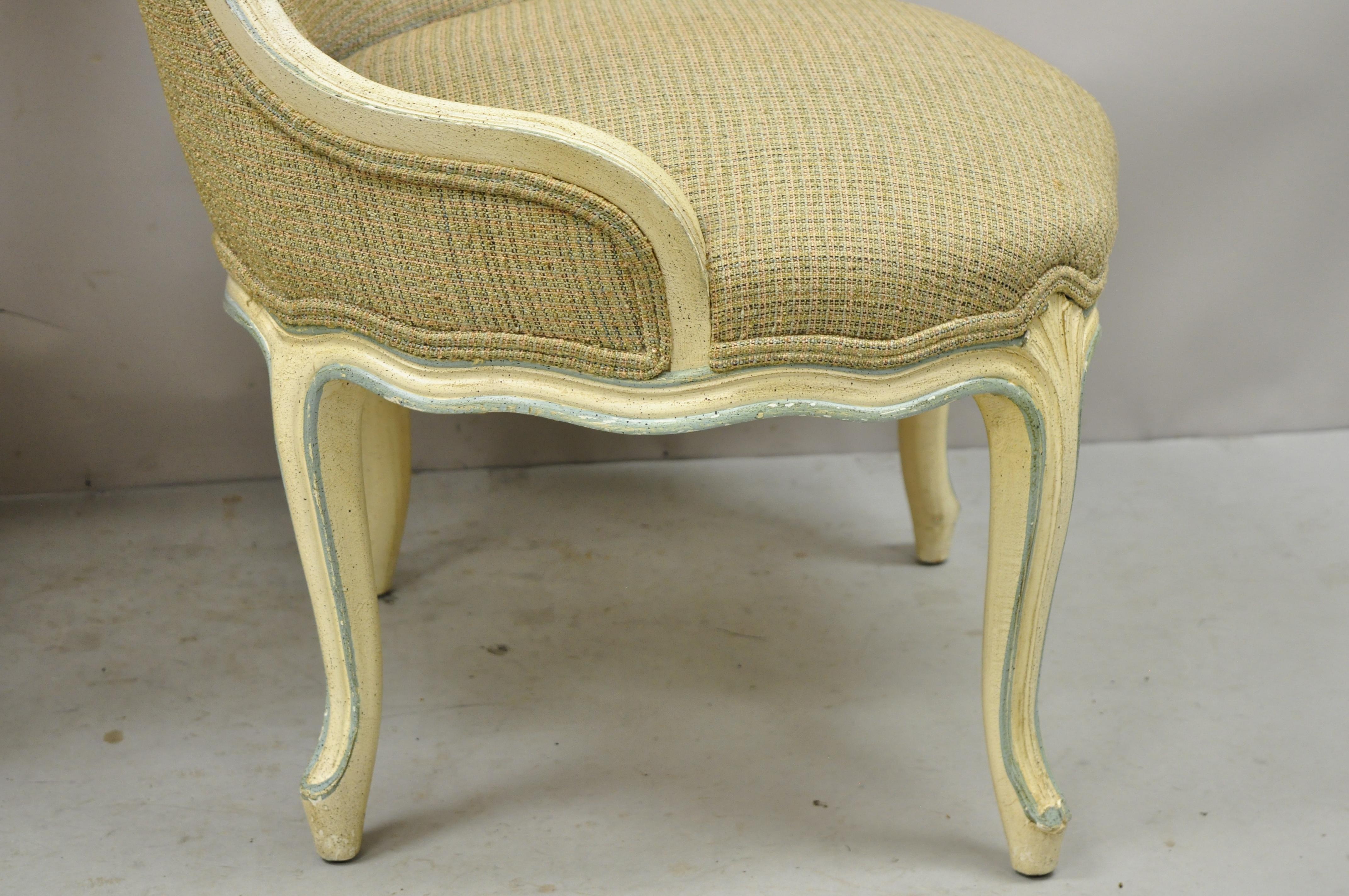 French Provincial Louis XV Cream Blue Hiprest Boudoir Slipper Chairs, a Pair In Good Condition For Sale In Philadelphia, PA