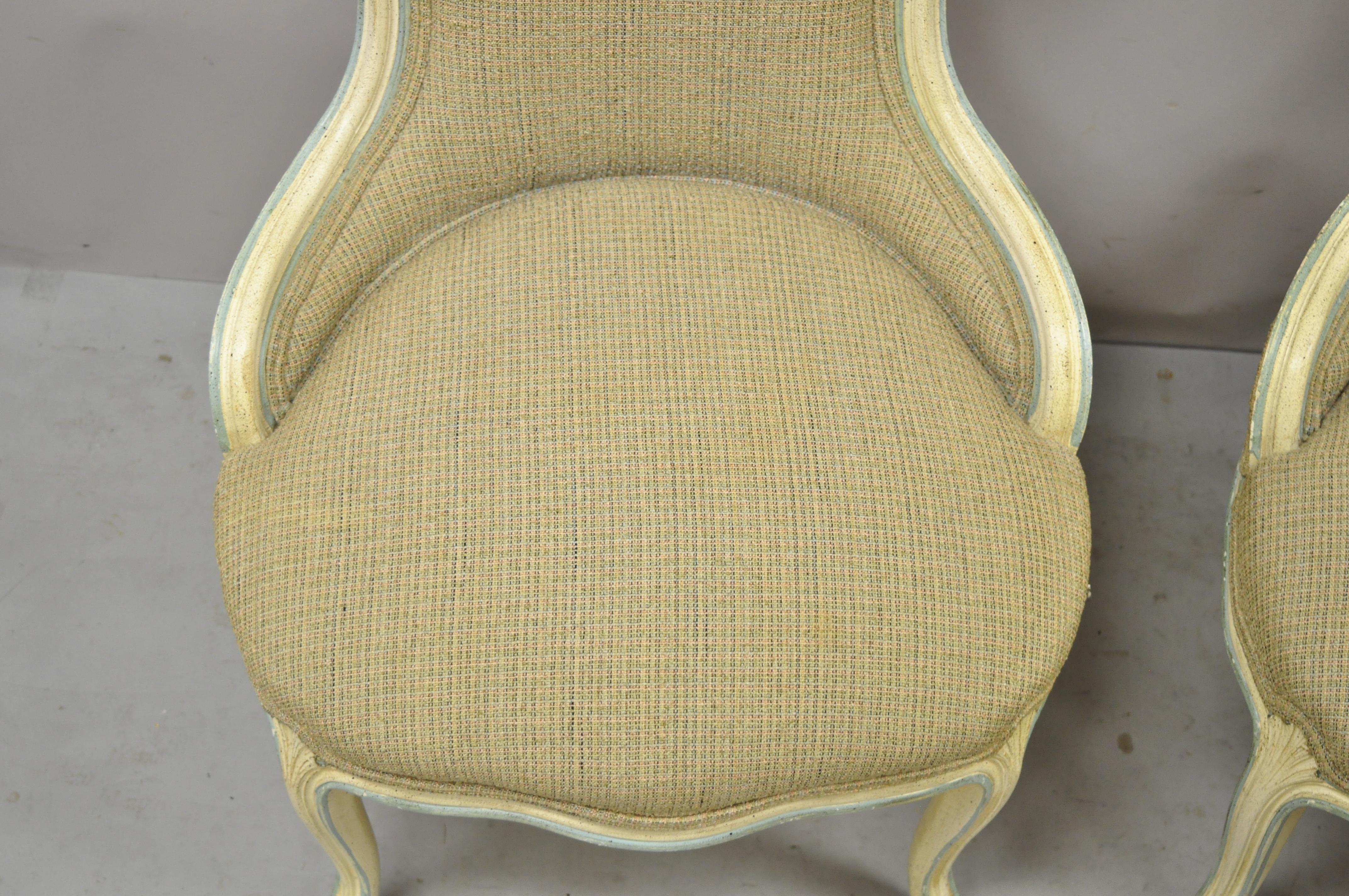 Fabric French Provincial Louis XV Cream Blue Hiprest Boudoir Slipper Chairs, a Pair For Sale