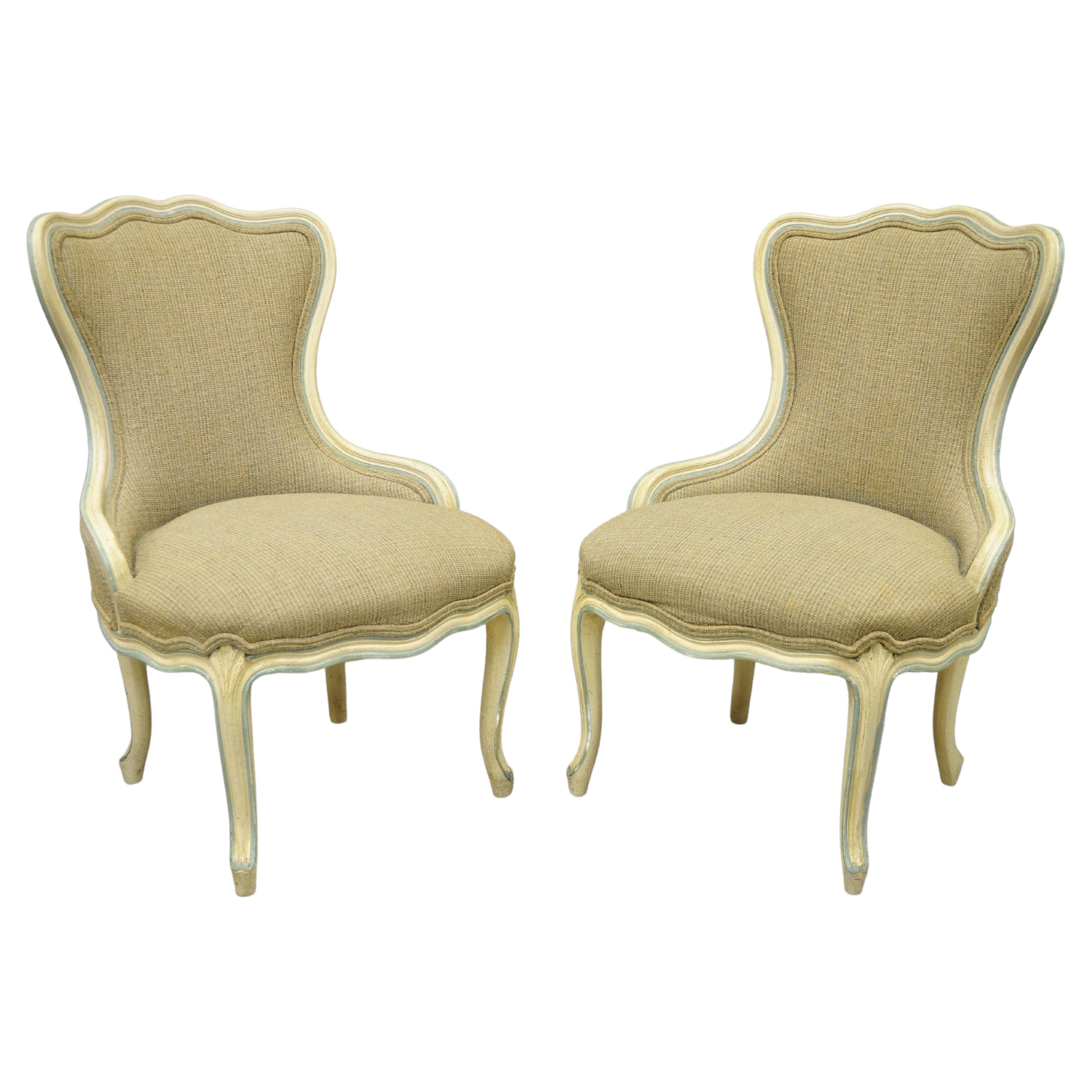 French Provincial Louis XV Cream Blue Hiprest Boudoir Slipper Chairs, a Pair For Sale