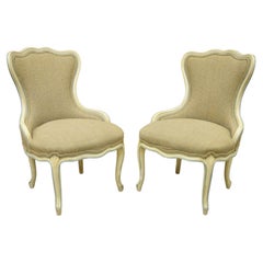 Used French Provincial Louis XV Cream Blue Hiprest Boudoir Slipper Chairs, a Pair