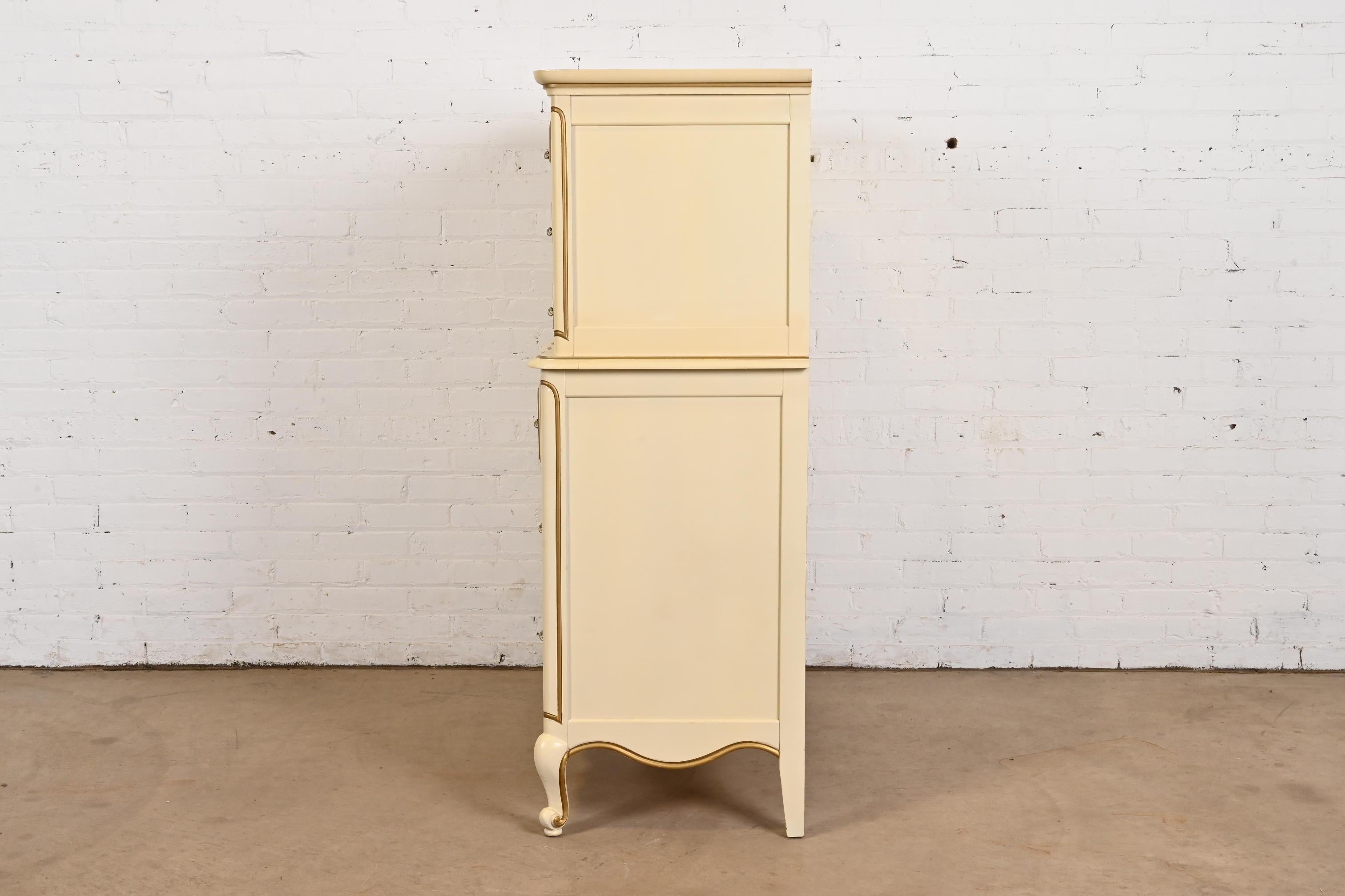 French Provincial Louis XV Cream Lacquered and Gold Gilt Highboy Dresser For Sale 5
