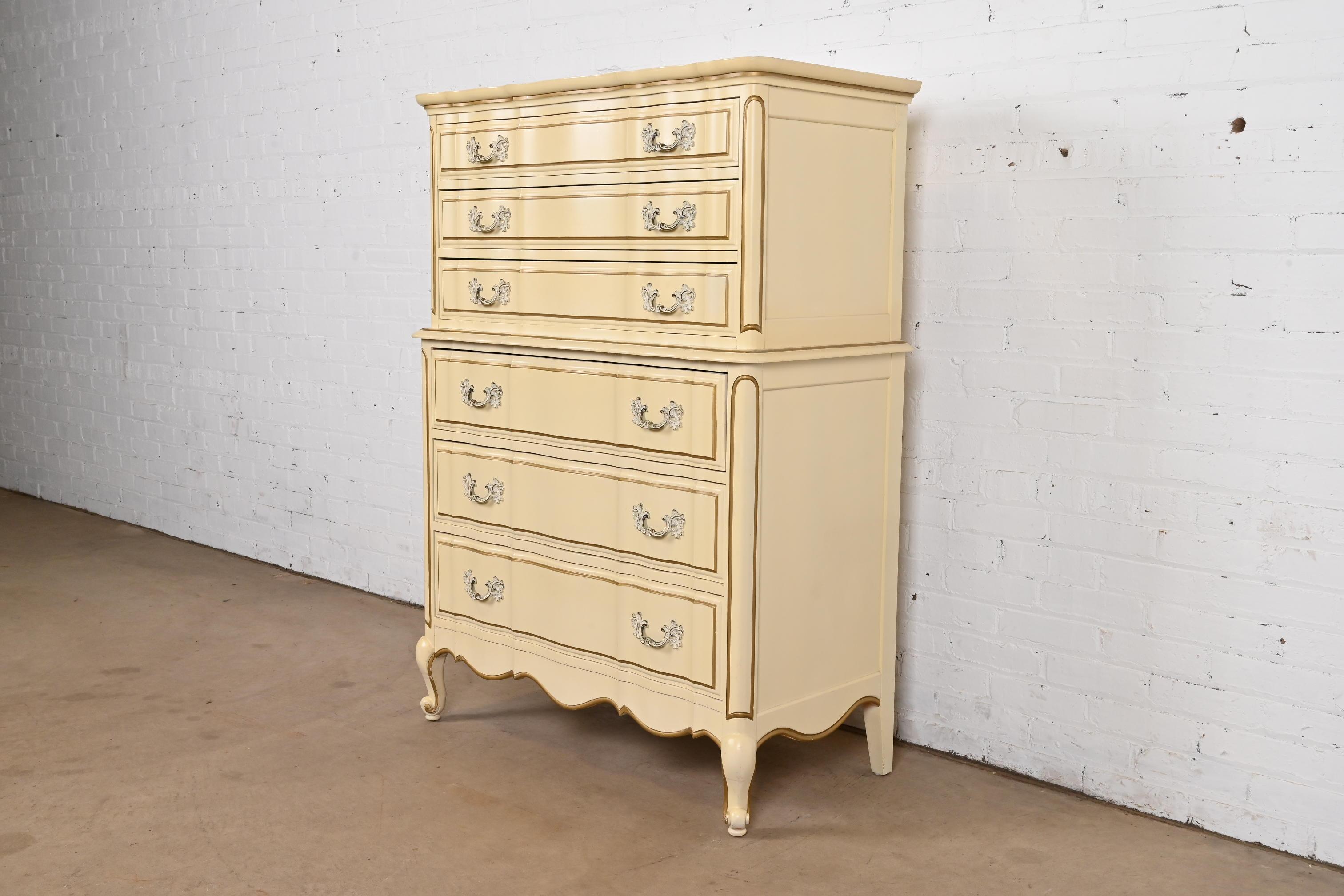 French Provincial Louis XV Cream Lacquered and Gold Gilt Highboy Dresser For Sale 7