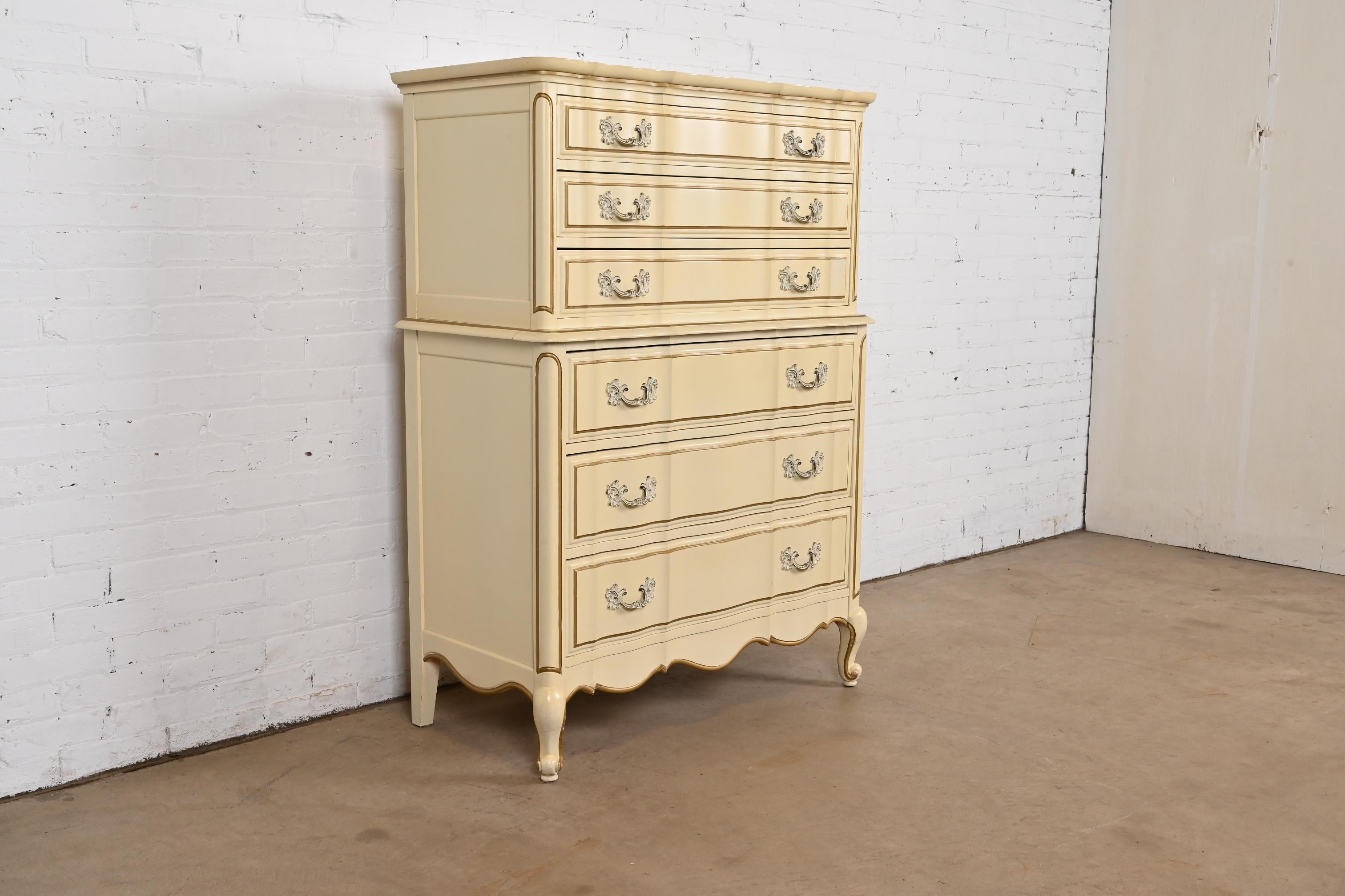 American French Provincial Louis XV Cream Lacquered and Gold Gilt Highboy Dresser For Sale