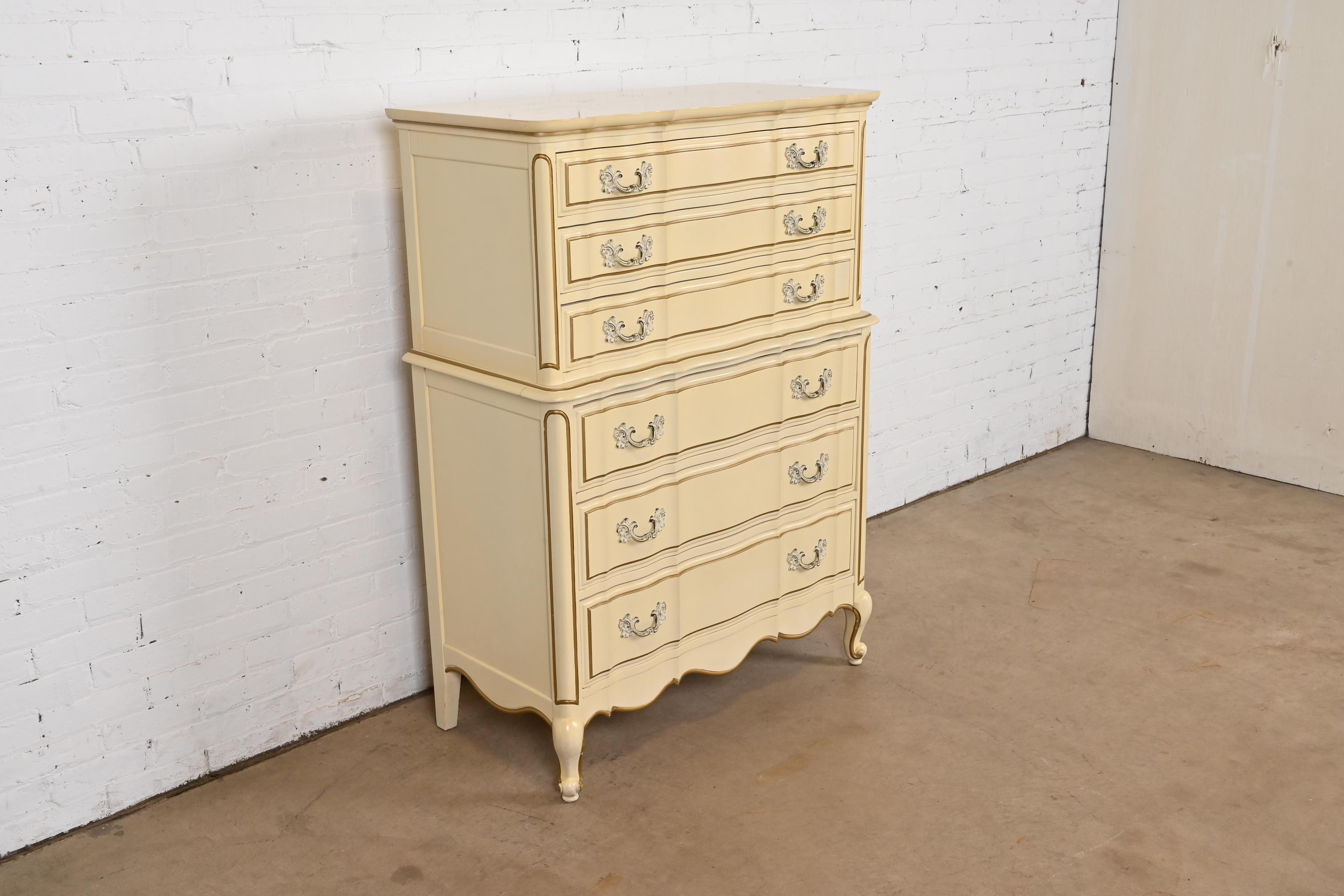 French Provincial Louis XV Cream Lacquered and Gold Gilt Highboy Dresser In Good Condition For Sale In South Bend, IN