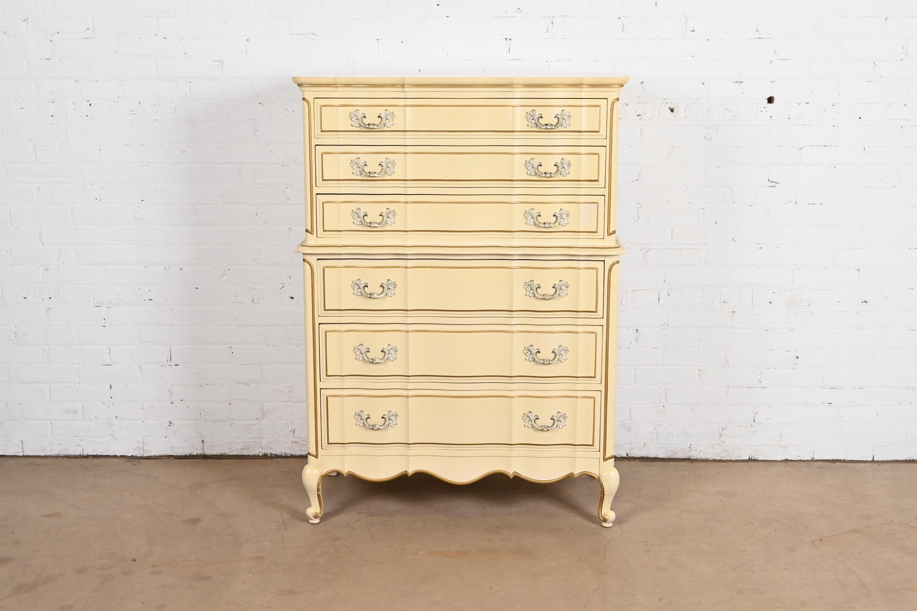 Brass French Provincial Louis XV Cream Lacquered and Gold Gilt Highboy Dresser For Sale