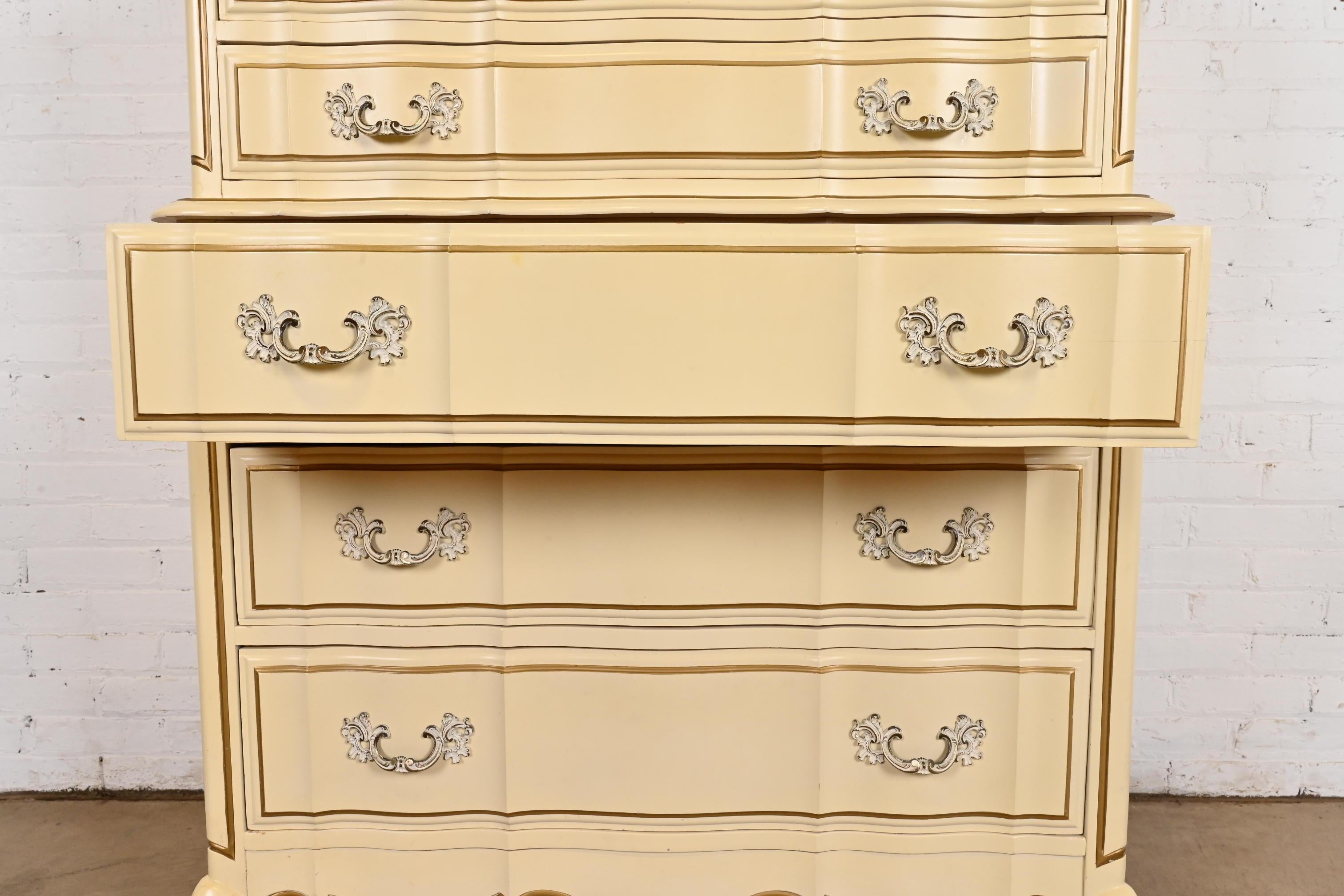 French Provincial Louis XV Cream Lacquered and Gold Gilt Highboy Dresser For Sale 1