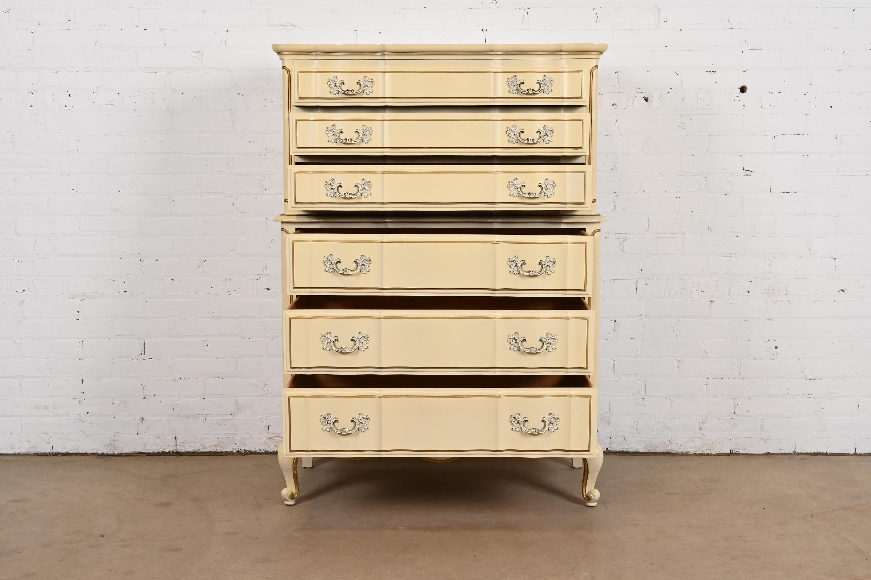 French Provincial Louis XV Cream Lacquered and Gold Gilt Highboy Dresser For Sale 2