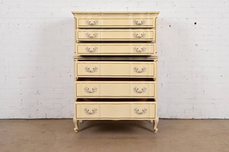 French Provincial Louis XV Cream Lacquered and Gold Gilt Highboy Dresser  For Sale at 1stDibs