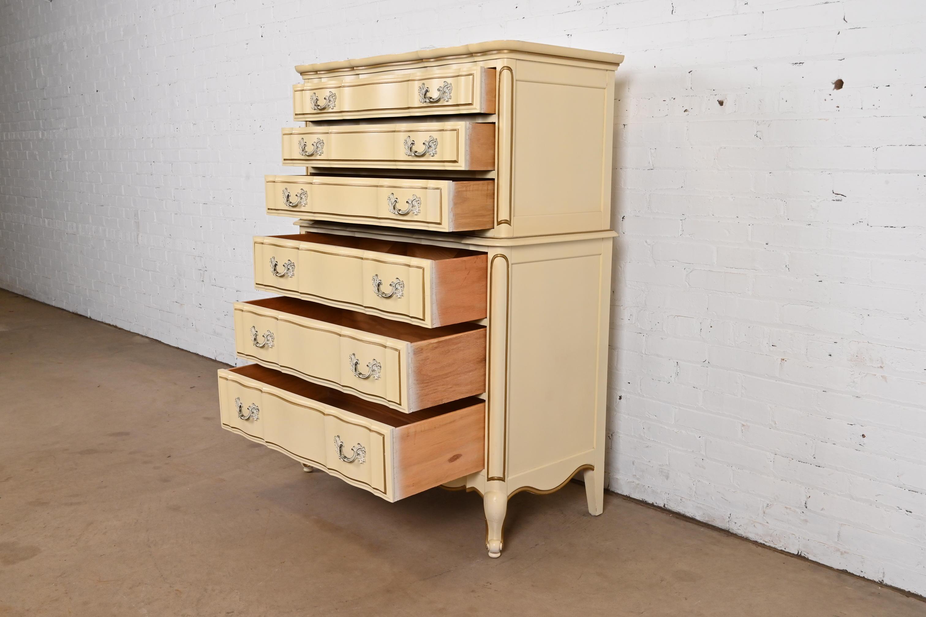 French Provincial Louis XV Cream Lacquered and Gold Gilt Highboy Dresser For Sale 3