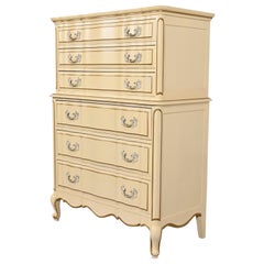 French Provincial Louis XV Cream Lacquered and Gold Gilt Highboy Dresser