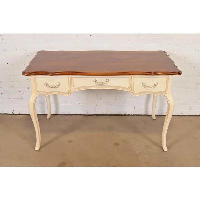 French Provincial Louis XV Cream Lacquered Maple Top Writing Desk In Good Condition For Sale In South Bend, IN