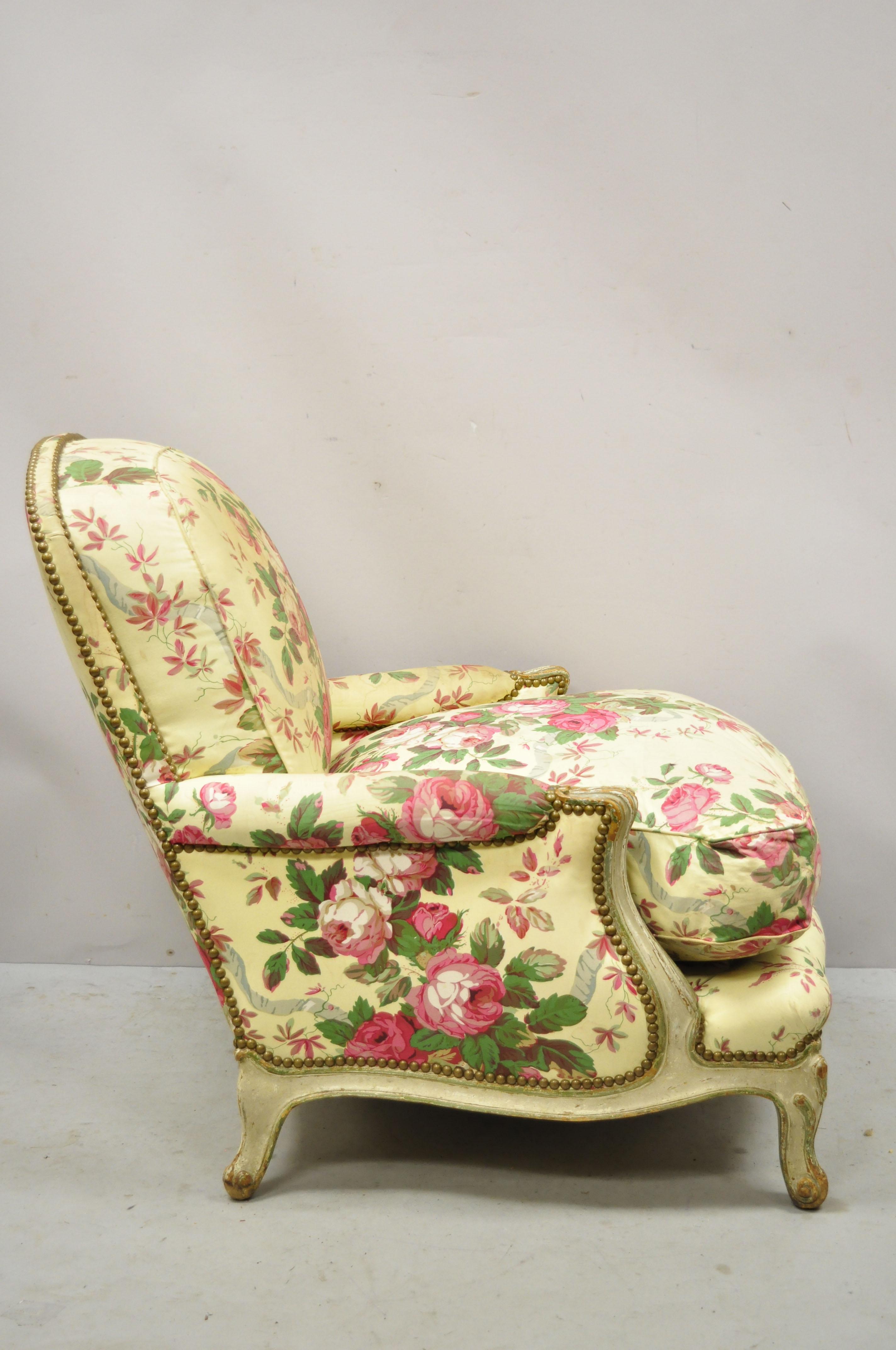 French Provincial Louis XV Cream Painted Bergere Club Chair attr. Maison Jansen 7