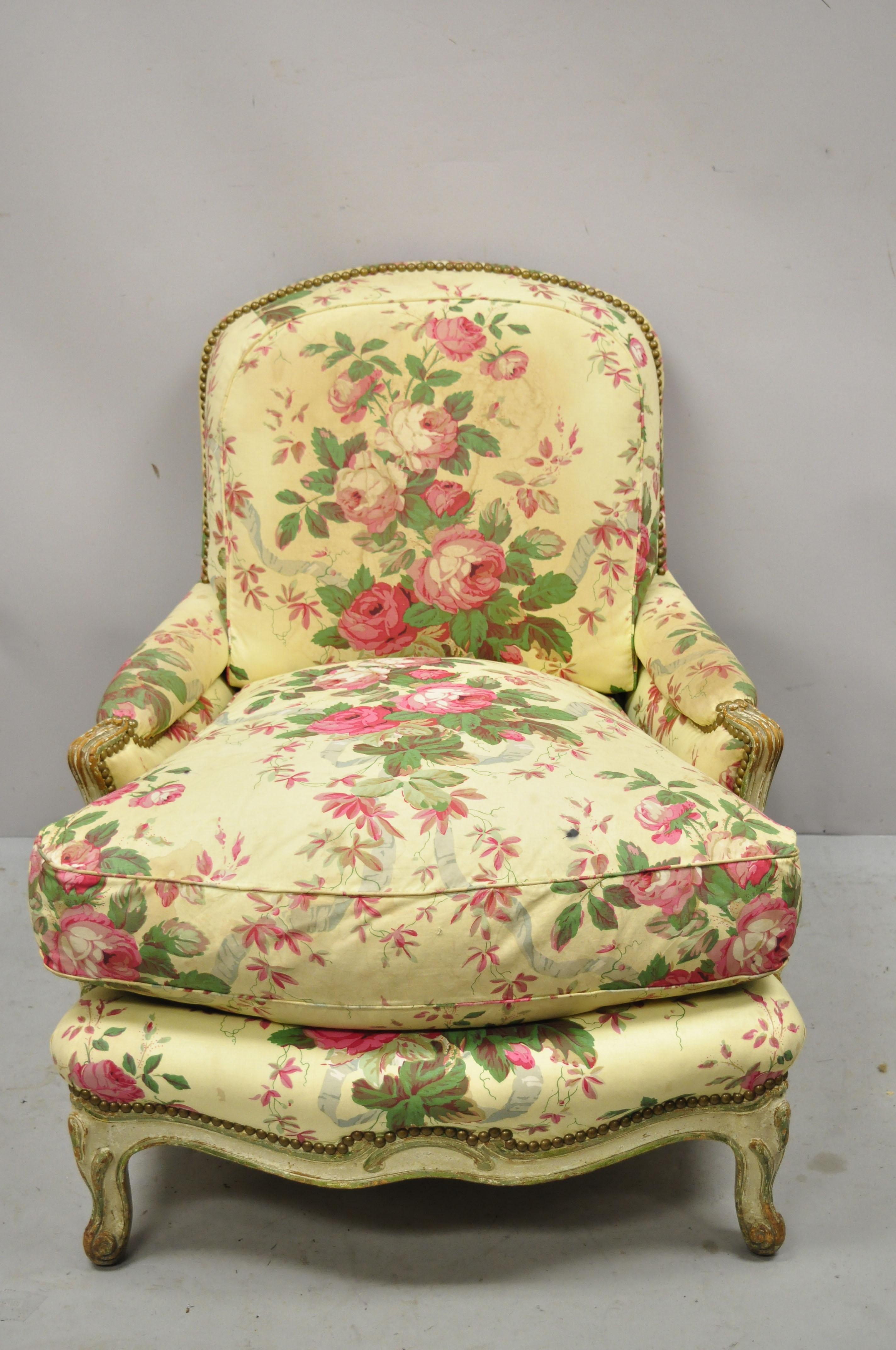 Antique French Provincial Louis XV Cream painted Bergere Club lounge chair attr. Maison Jansen. Item features cream distress painted frame, upholstered frame, nailhead trim, solid wood frame, cabriole legs, very nice antique item, quality French