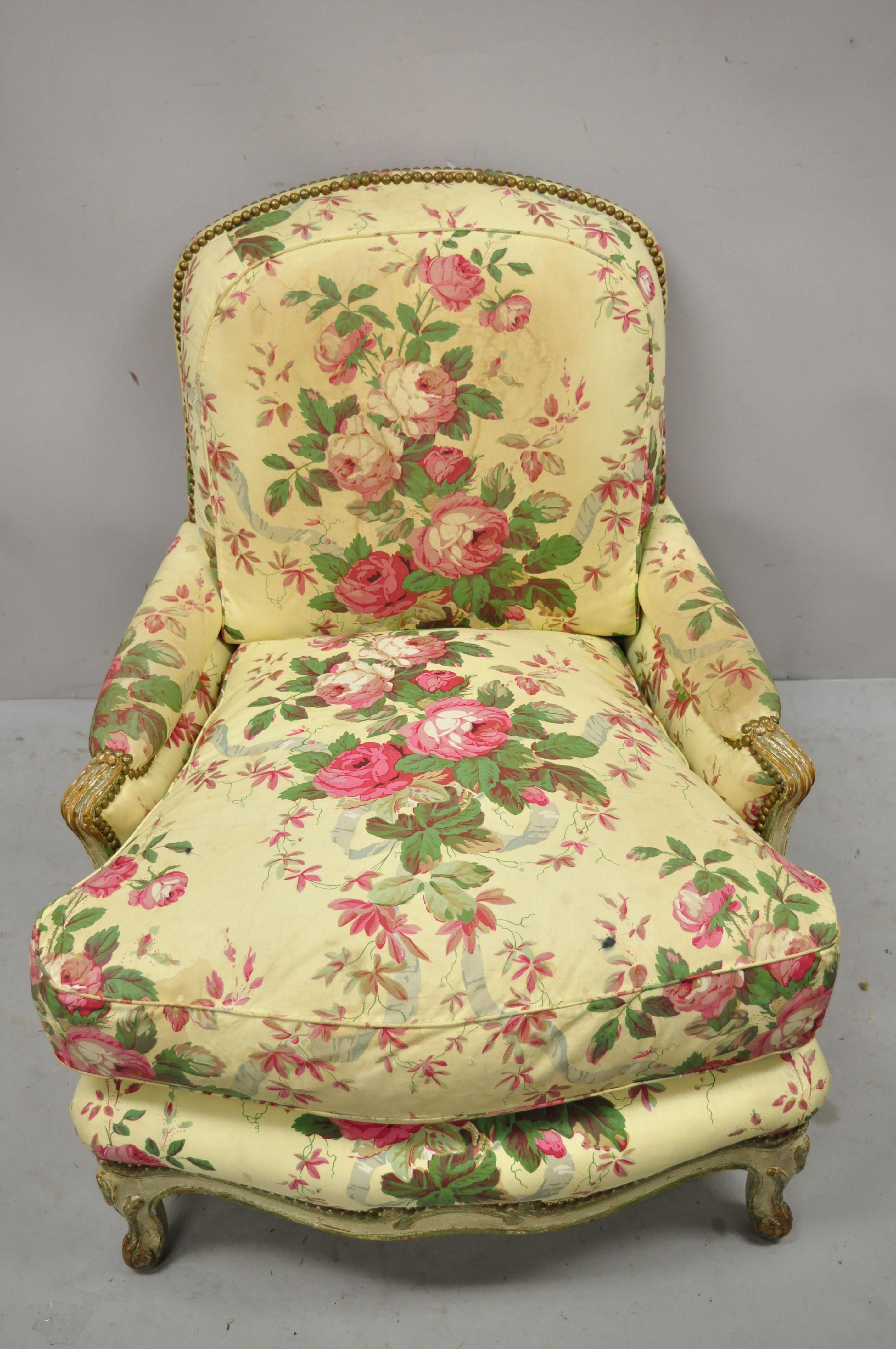 French Provincial Louis XV Cream Painted Bergere Club Chair attr. Maison Jansen In Good Condition In Philadelphia, PA