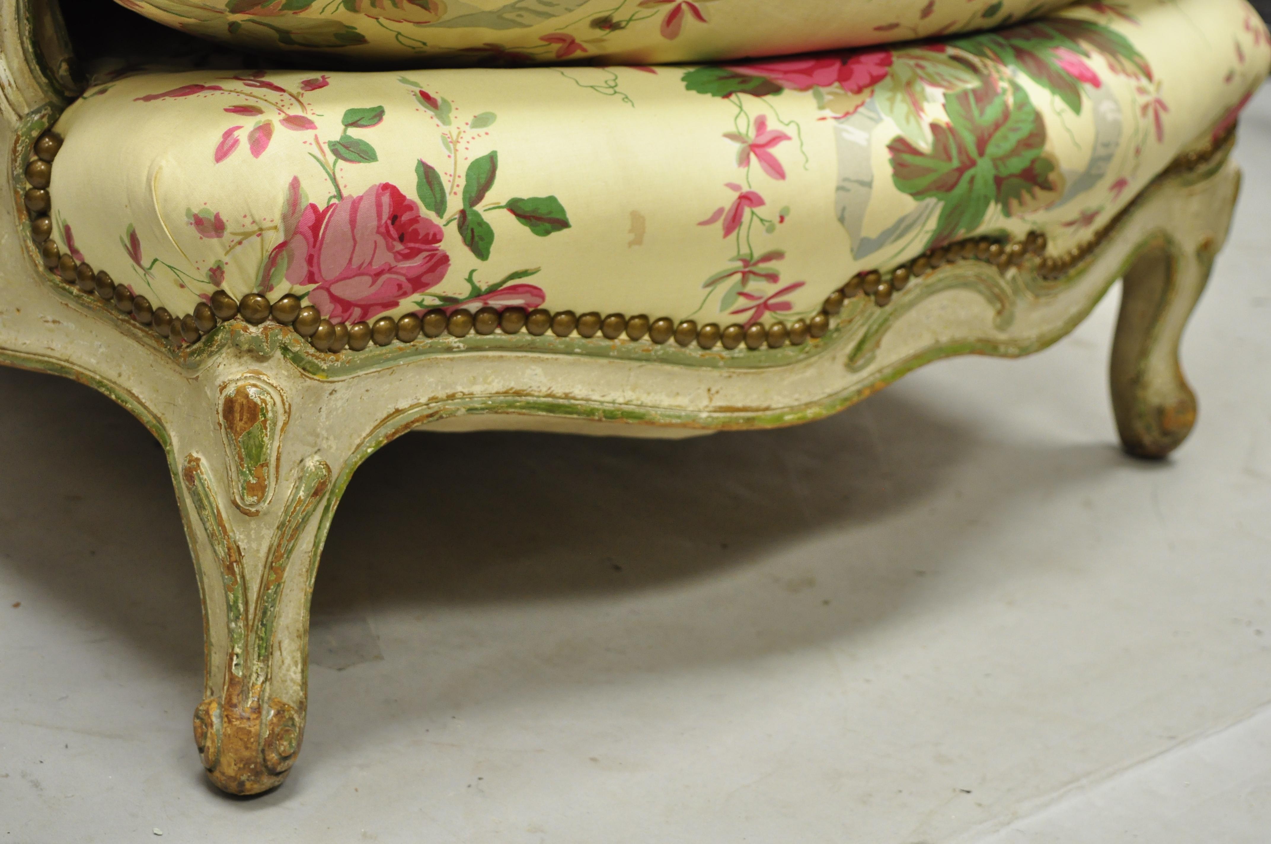 French Provincial Louis XV Cream Painted Bergere Club Chair attr. Maison Jansen 1