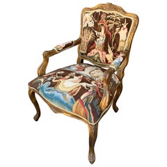 French Provincial Louis XV Giltwood Armchair Fauteuil With Tapestry Upholstery