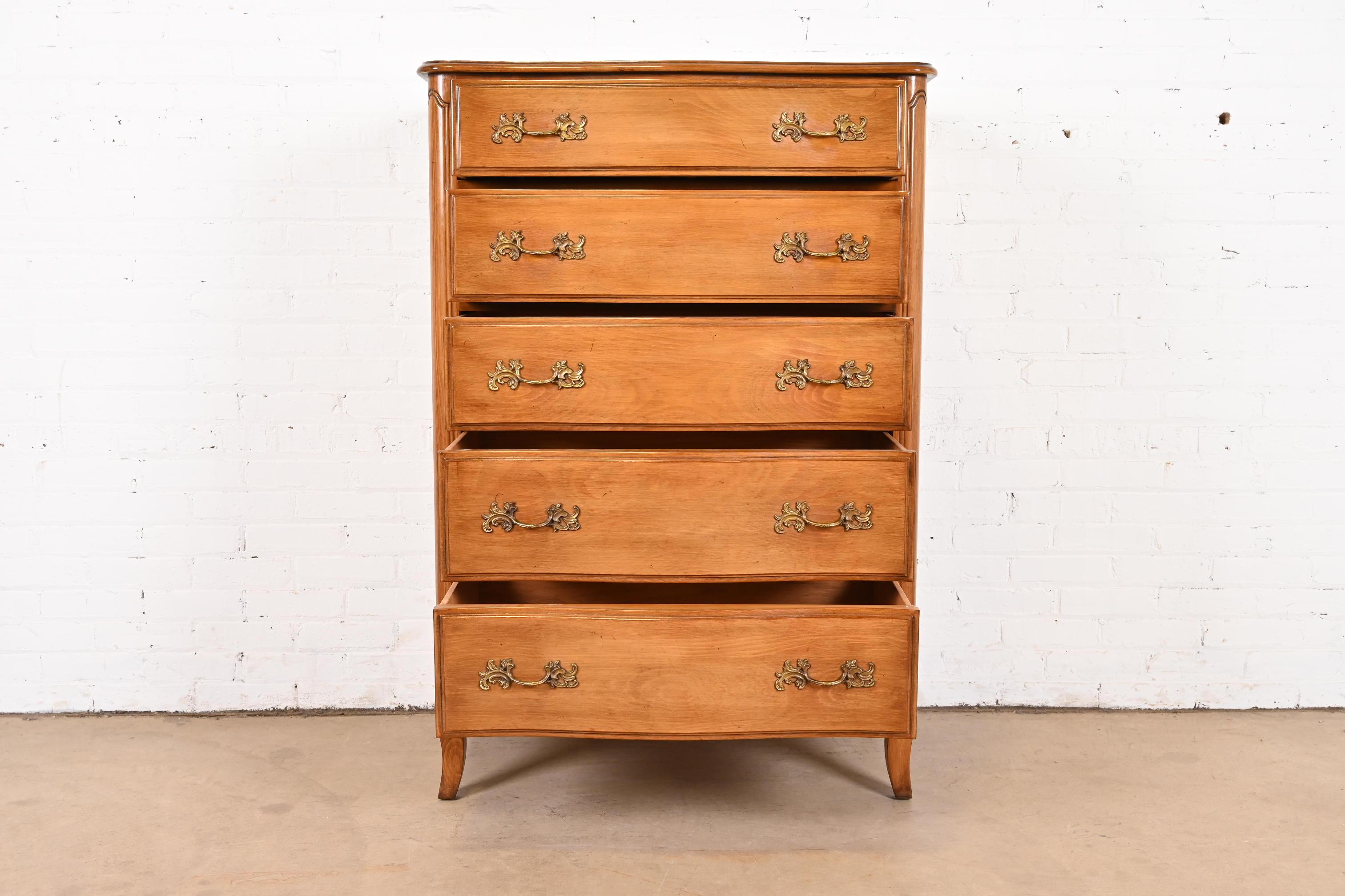 American French Provincial Louis XV Highboy Dresser by Davis Cabinet Co., 1950s