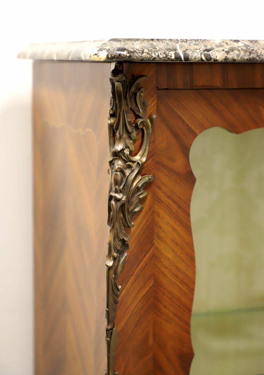 French Provincial Louis XV Inlaid Kingwood Bronze Ormolu Vitrine Curio Cabinet For Sale 1