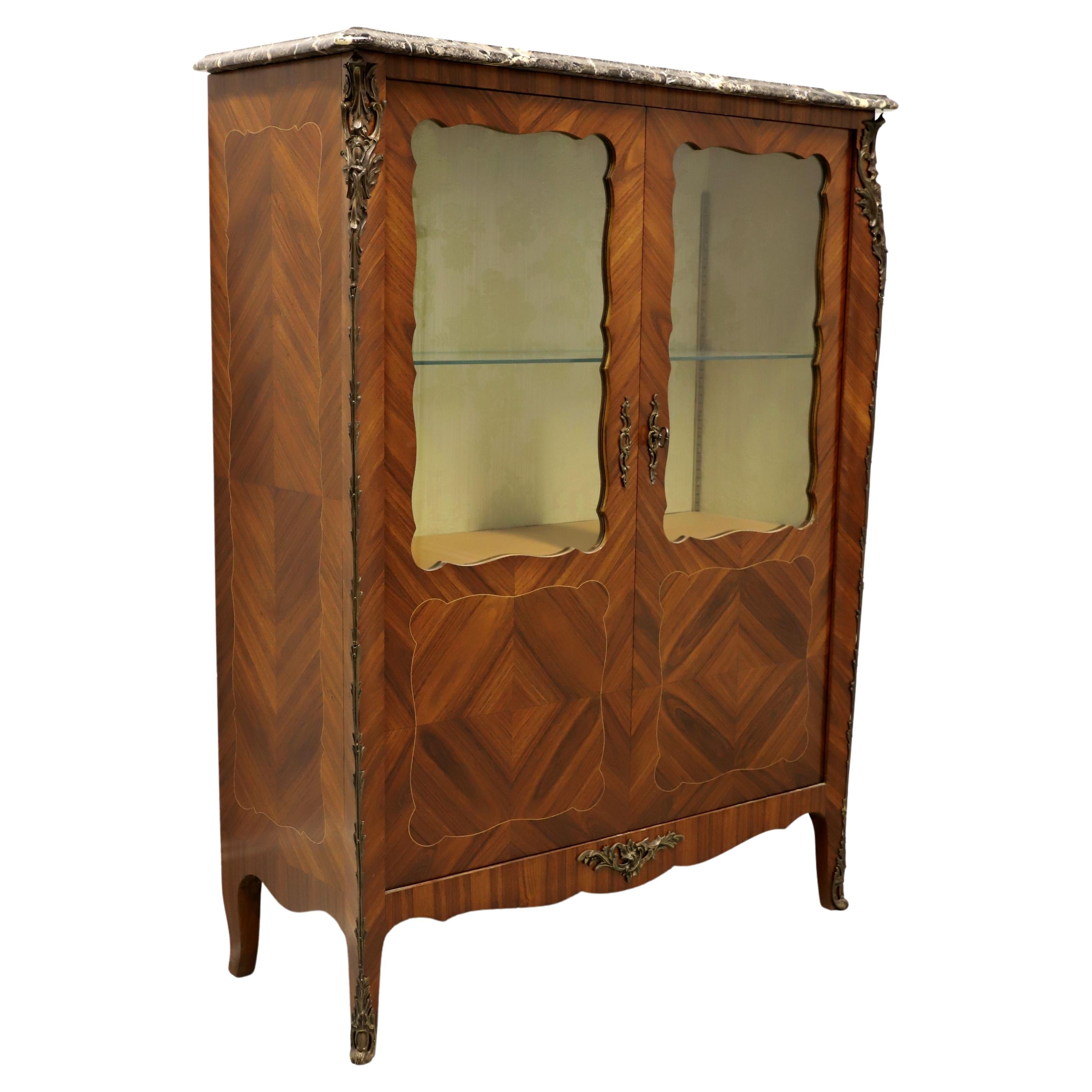 French Provincial Louis XV Inlaid Kingwood Bronze Ormolu Vitrine Curio Cabinet
