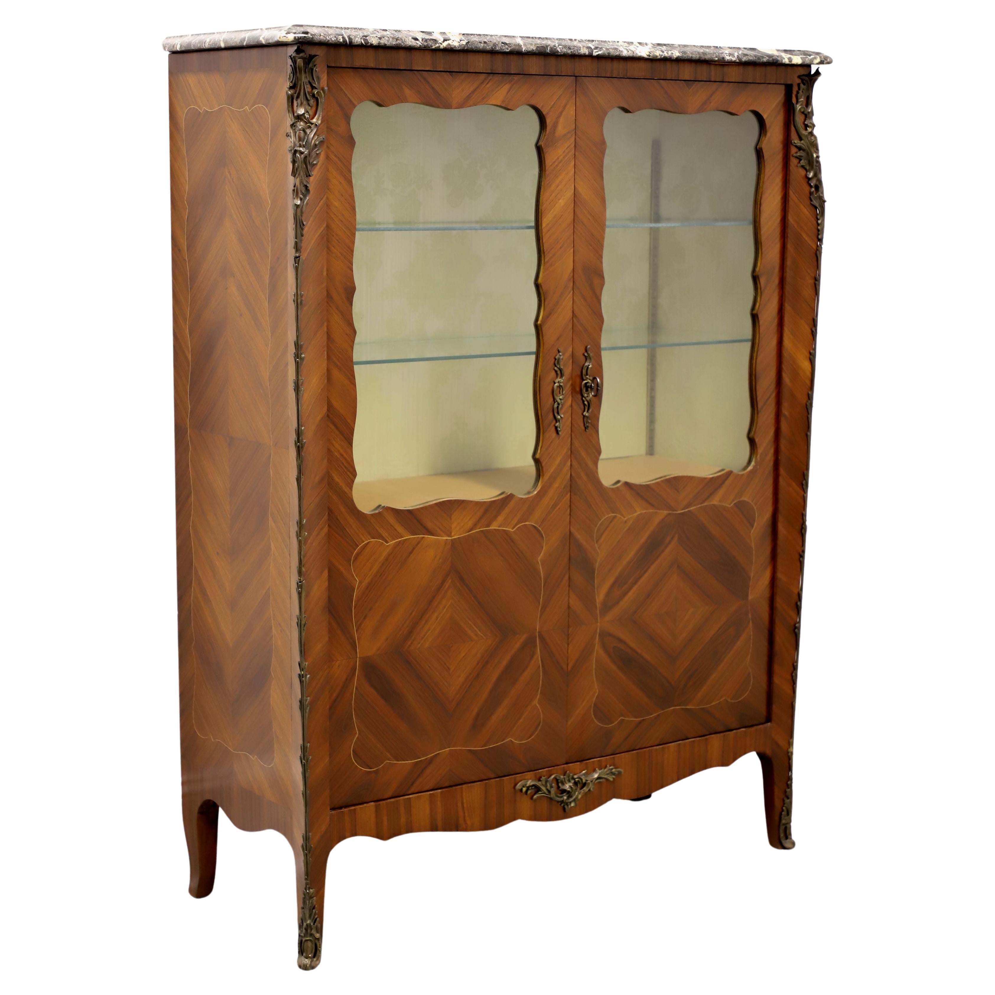 French Provincial Louis XV Inlaid Kingwood Bronze Ormolu Vitrine Curio Cabinet For Sale