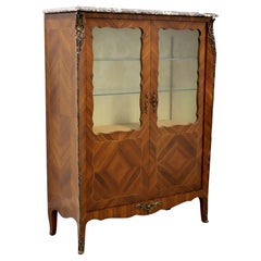French Provincial Louis XV Inlaid Kingwood Bronze Ormolu Vitrine Curio Cabinet
