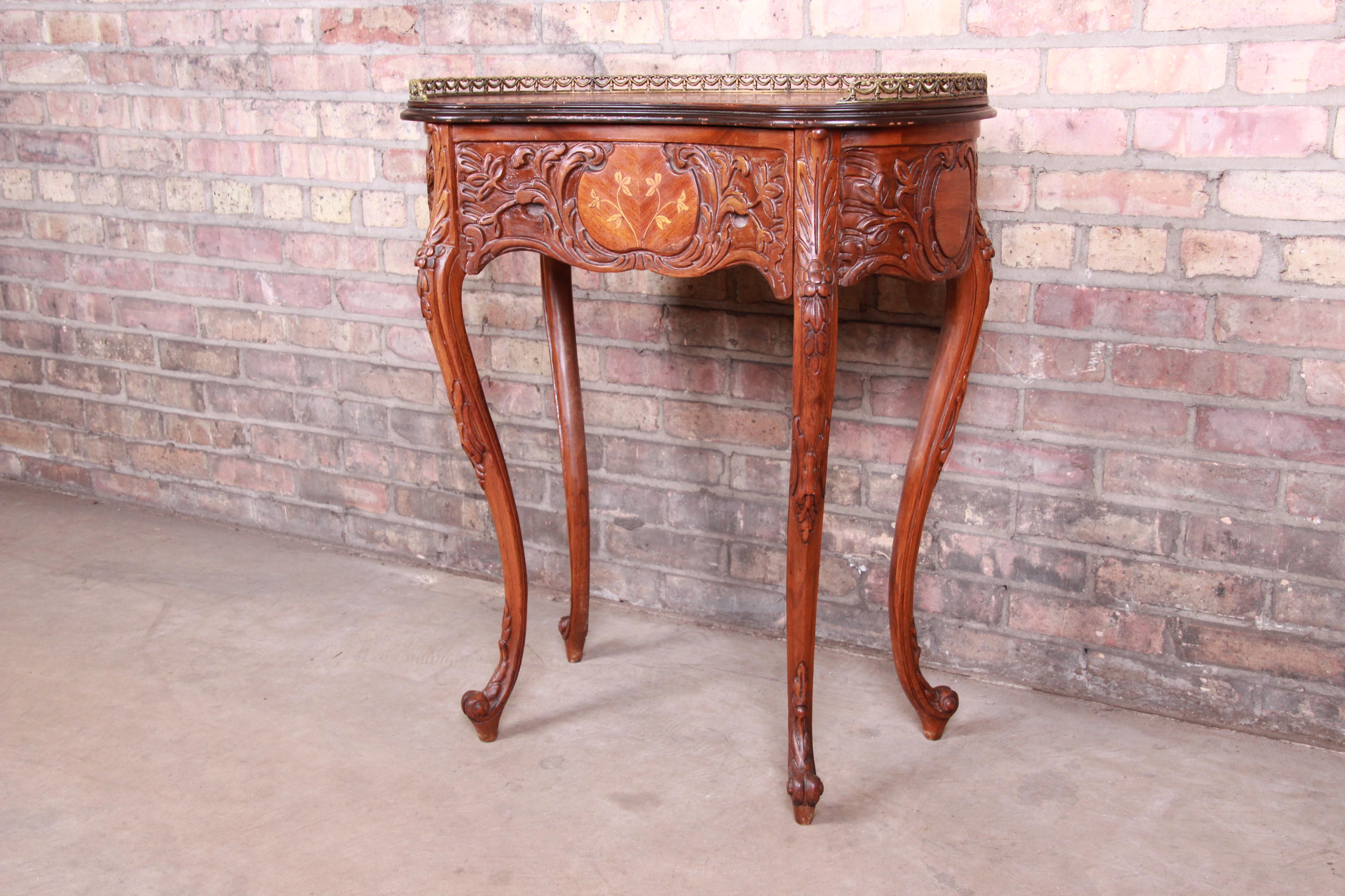 20th Century French Provincial Louis XV Inlaid Mahogany Kidney Shape Nightstand or Side Table