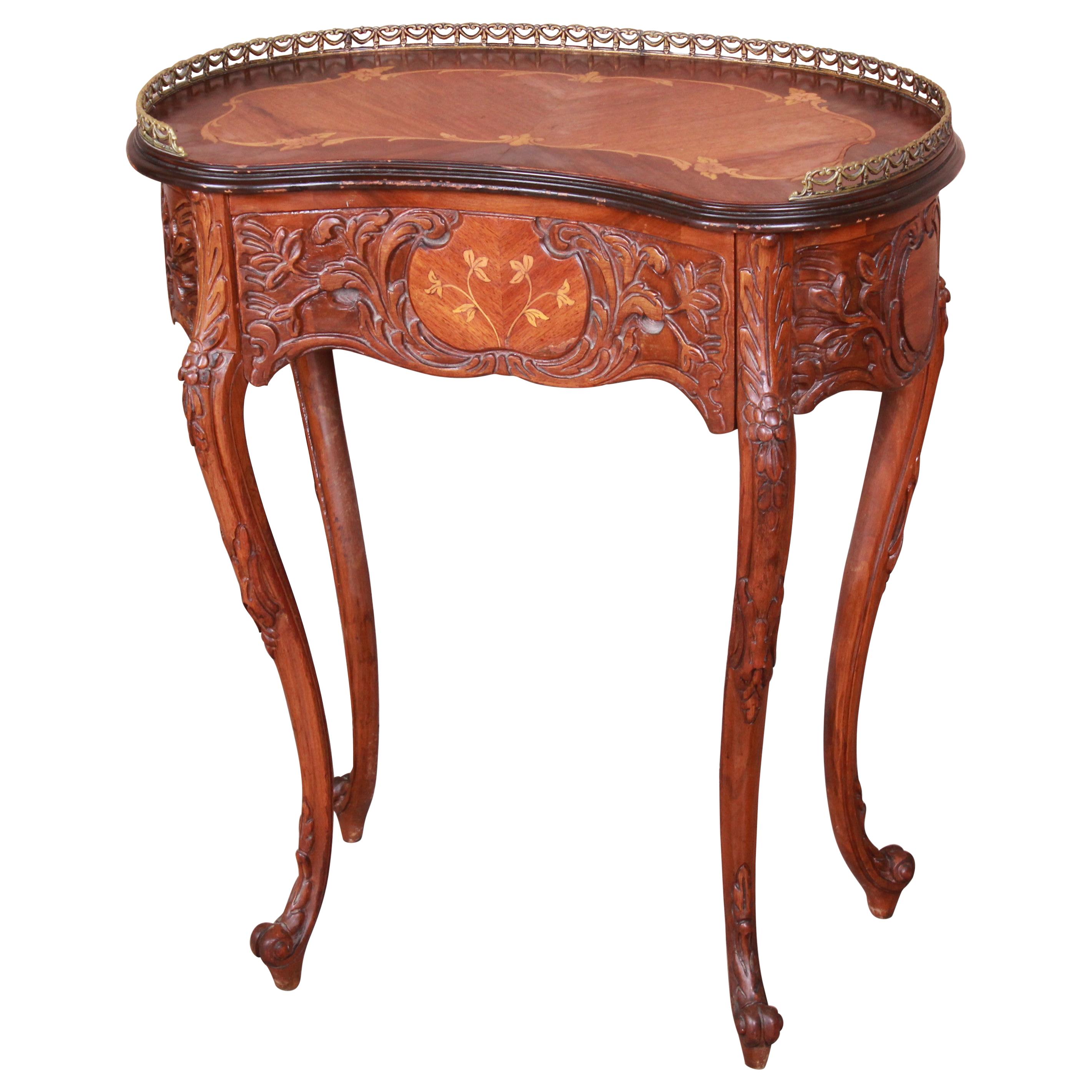French Provincial Louis XV Inlaid Mahogany Kidney Shape Nightstand or Side Table
