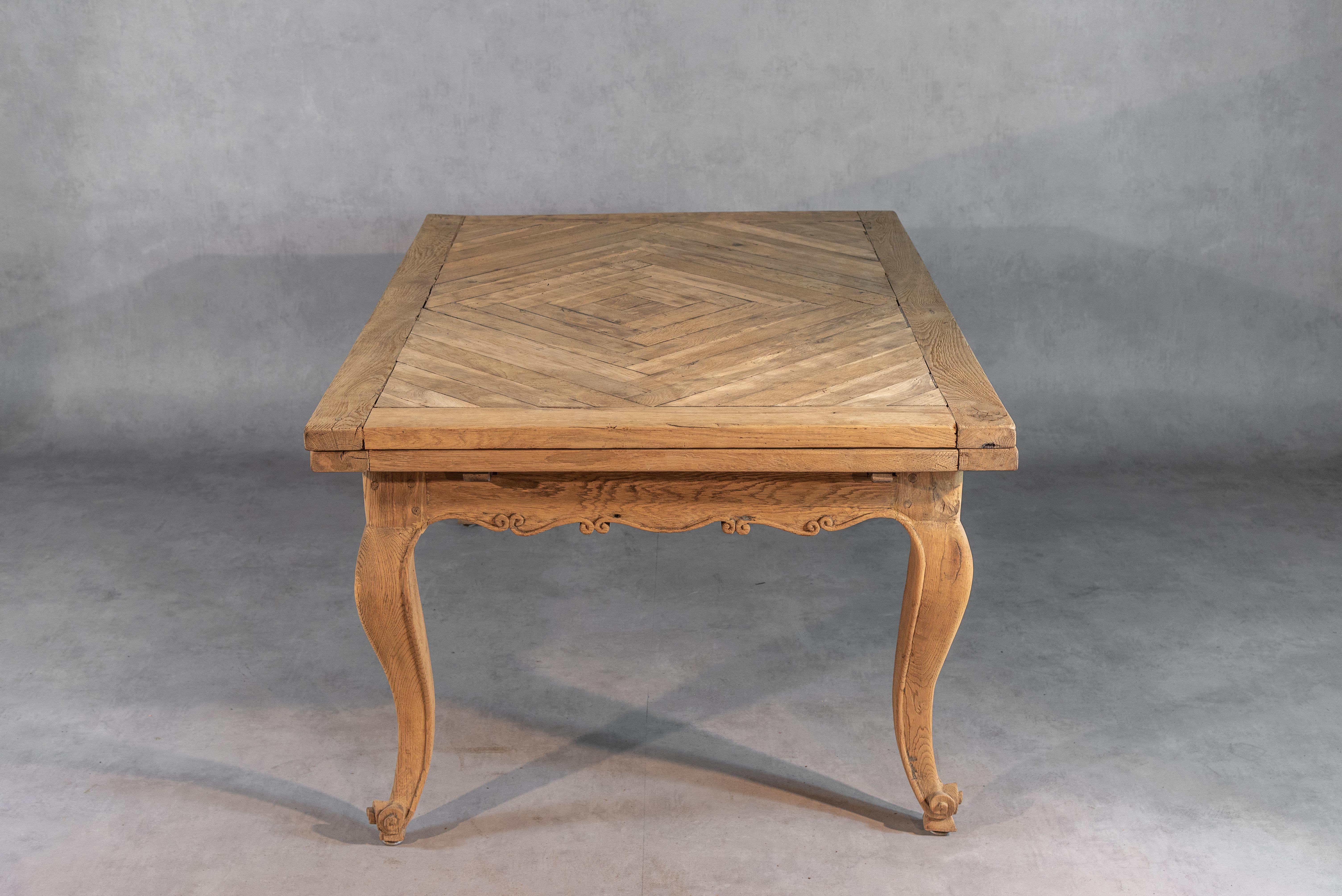 This exquisite French Provincial Louis XV Italian-style table is truly a work of art. Expertly crafted from solid oak, it boasts a stunning “parquet de Versailles” tabletop that is both striking and sophisticated. The two fabulous St Jacques shell