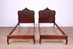 French Provincial Louis XV Mahogany and Tufted Leather Twin Beds, Pair