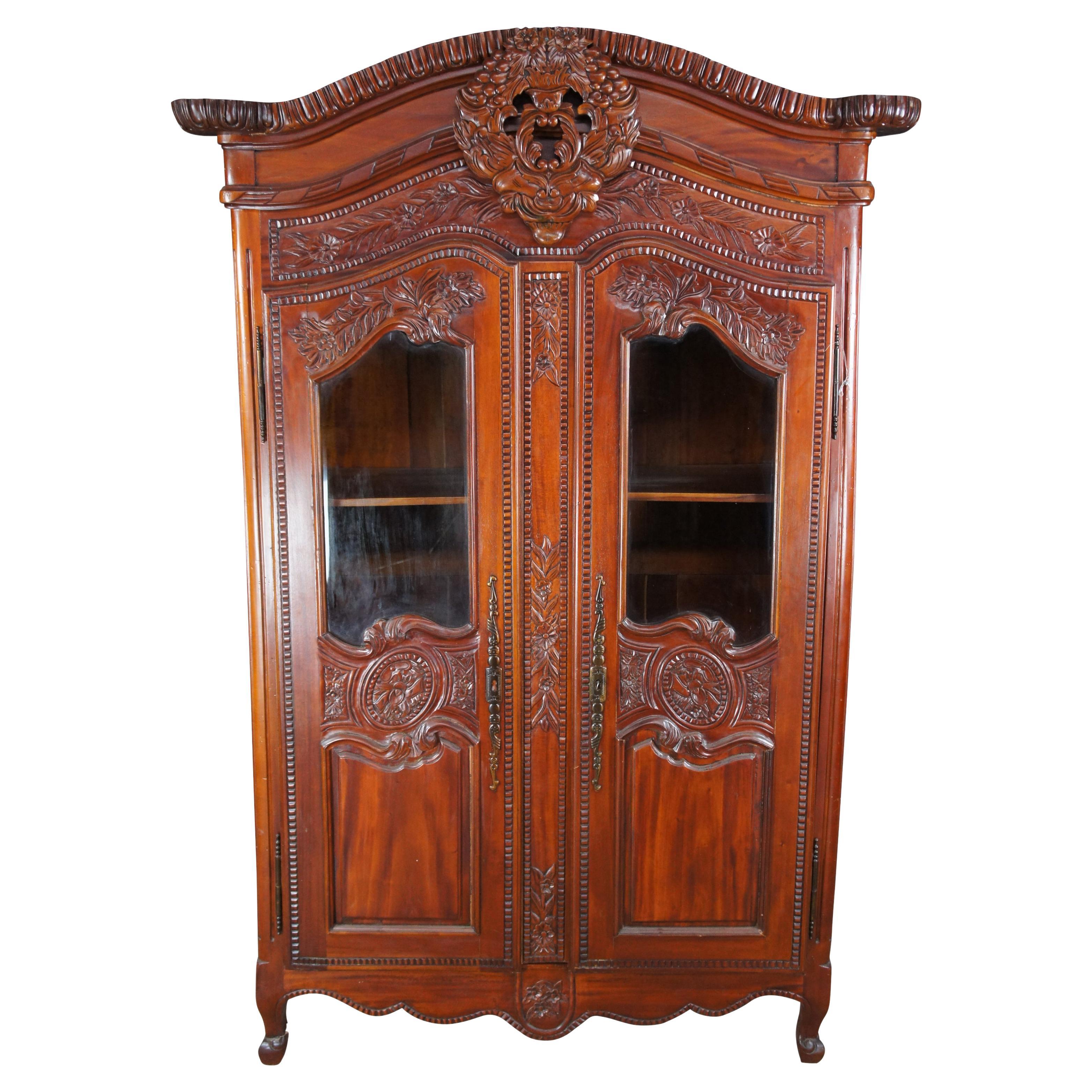 French Provincial Louis XV Mahogany Wedding Armoire Wardrobe Display Cabinet 85" For Sale
