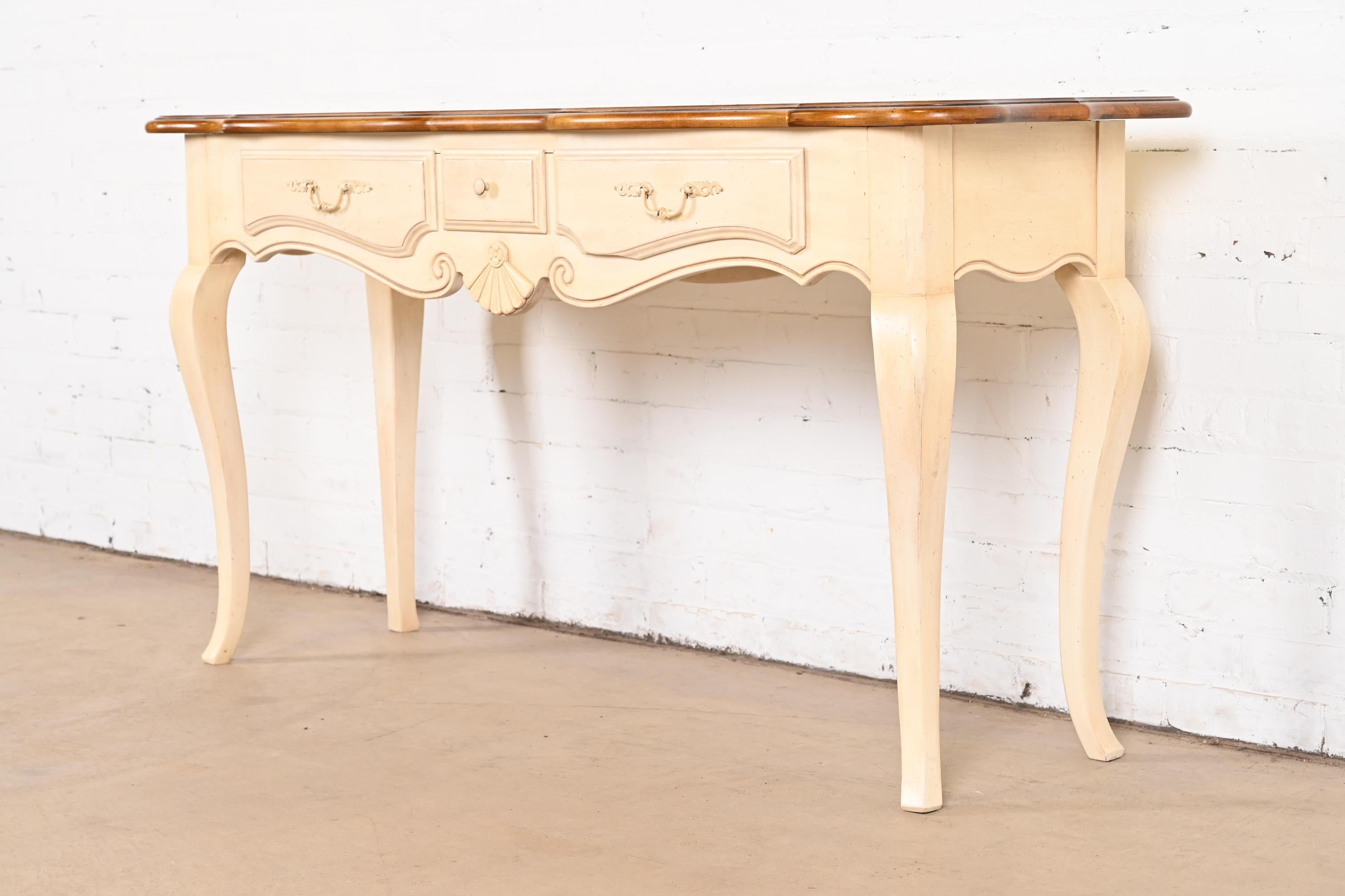 French Provincial Louis XV Solid Maple and White Lacquered Console or Sofa Table In Good Condition For Sale In South Bend, IN