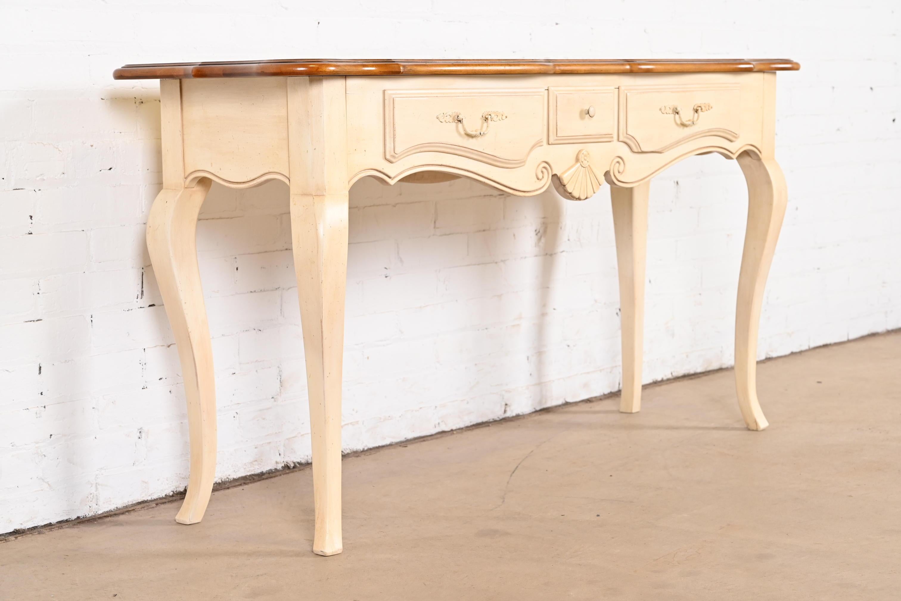 French Provincial Louis XV Solid Maple and White Lacquered Console or Sofa Table For Sale 1