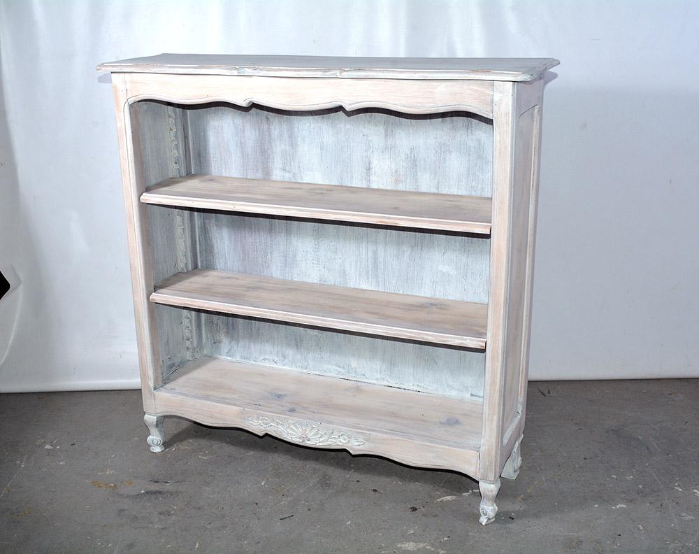 Rustic country Provincial style book case or book shelf with carved scalloped details will be useful in any room for books or displaying collectables. The shelving unit has been white washed for added charm. Perfect bookcase for a children's room.