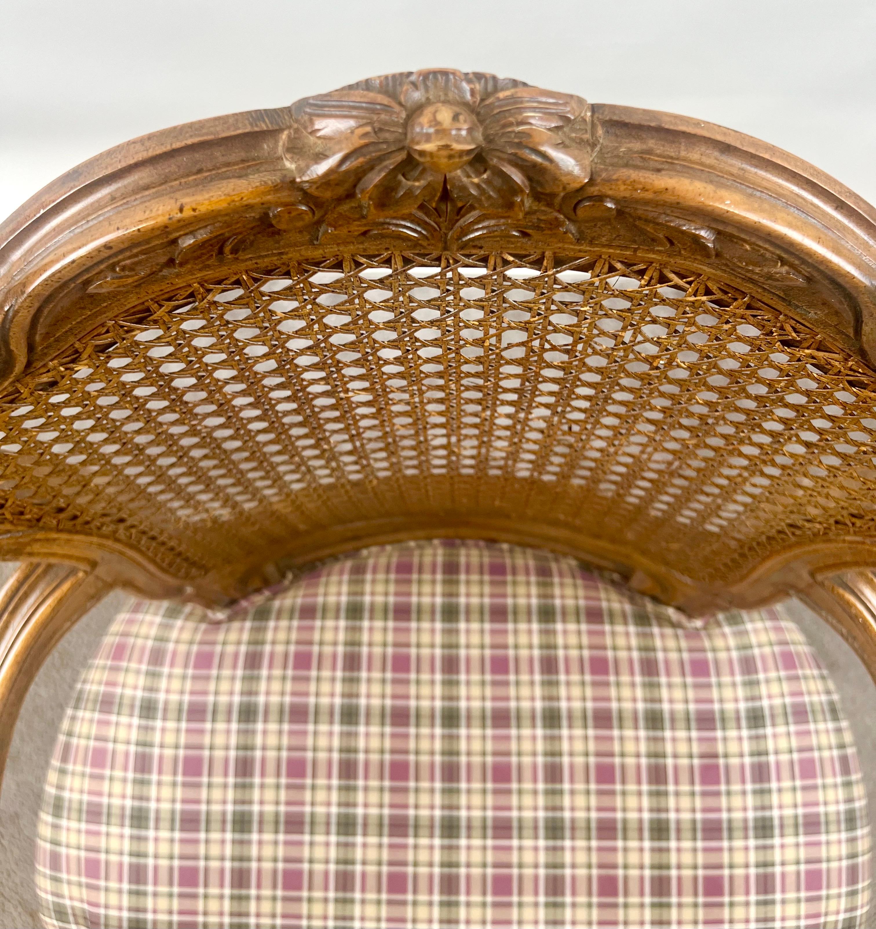 French Provincial Louis XV Style Cane Back with Plaid Upholstery Chair, a Pair For Sale 6