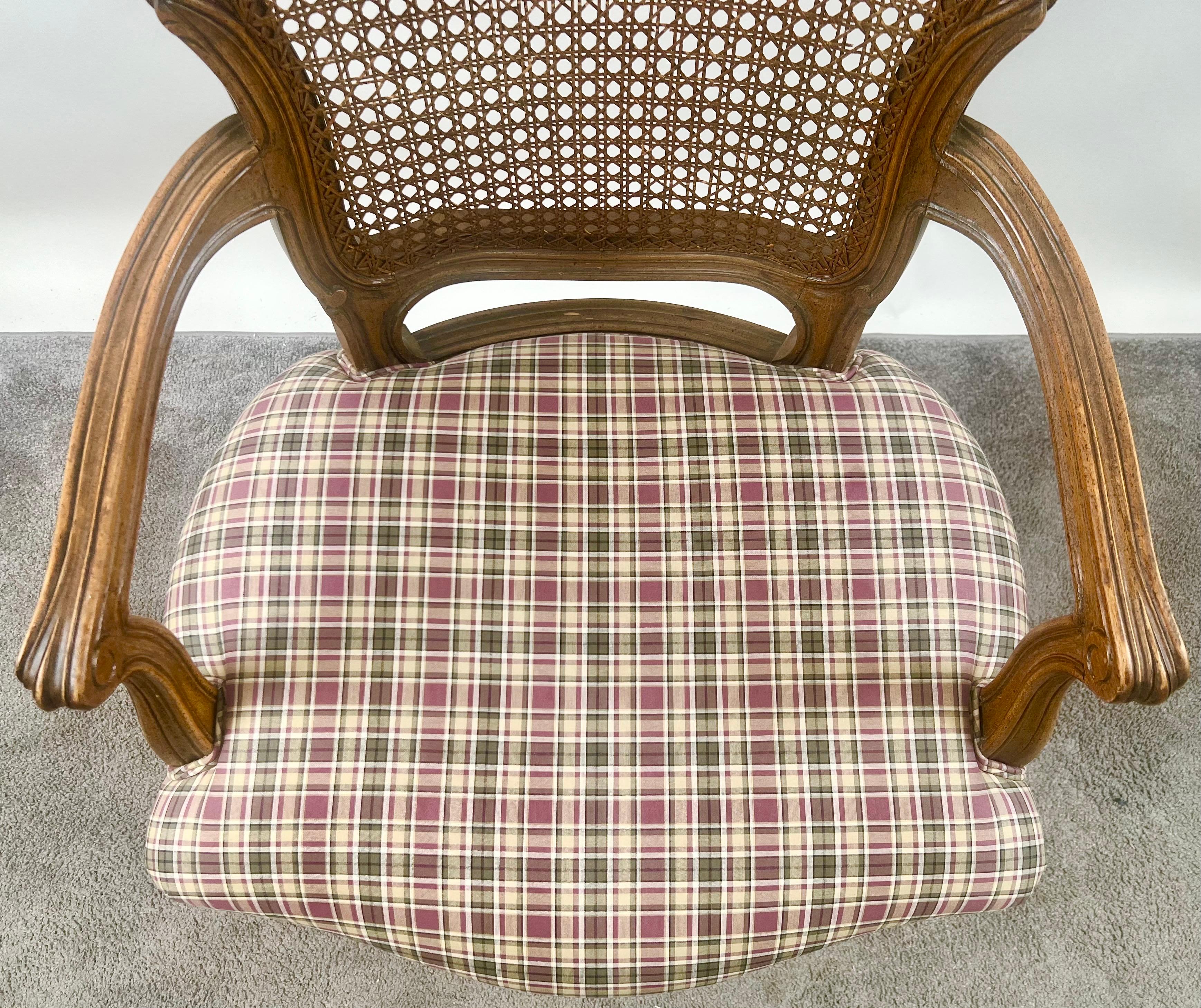 French Provincial Louis XV Style Cane Back with Plaid Upholstery Chair, a Pair For Sale 7