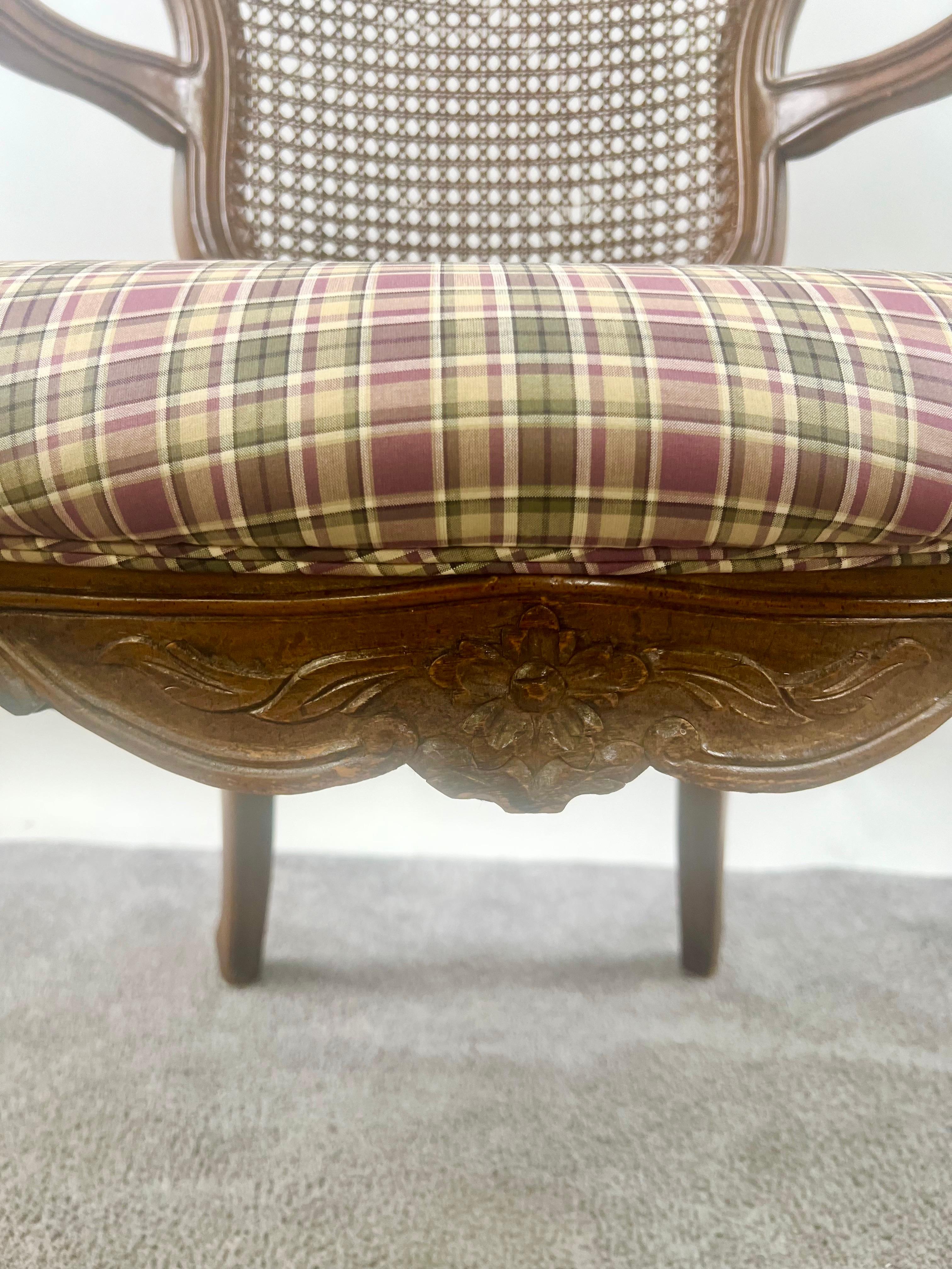 French Provincial Louis XV Style Cane Back with Plaid Upholstery Chair, a Pair For Sale 8