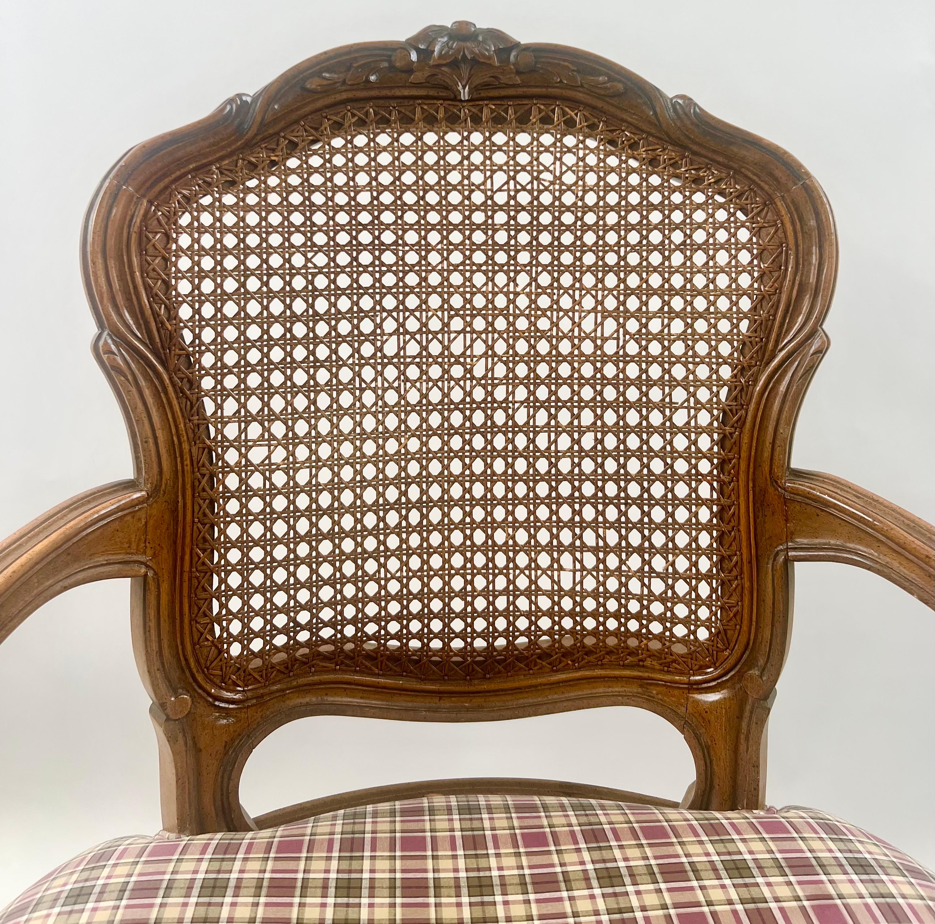French Provincial Louis XV Style Cane Back with Plaid Upholstery Chair, a Pair For Sale 9