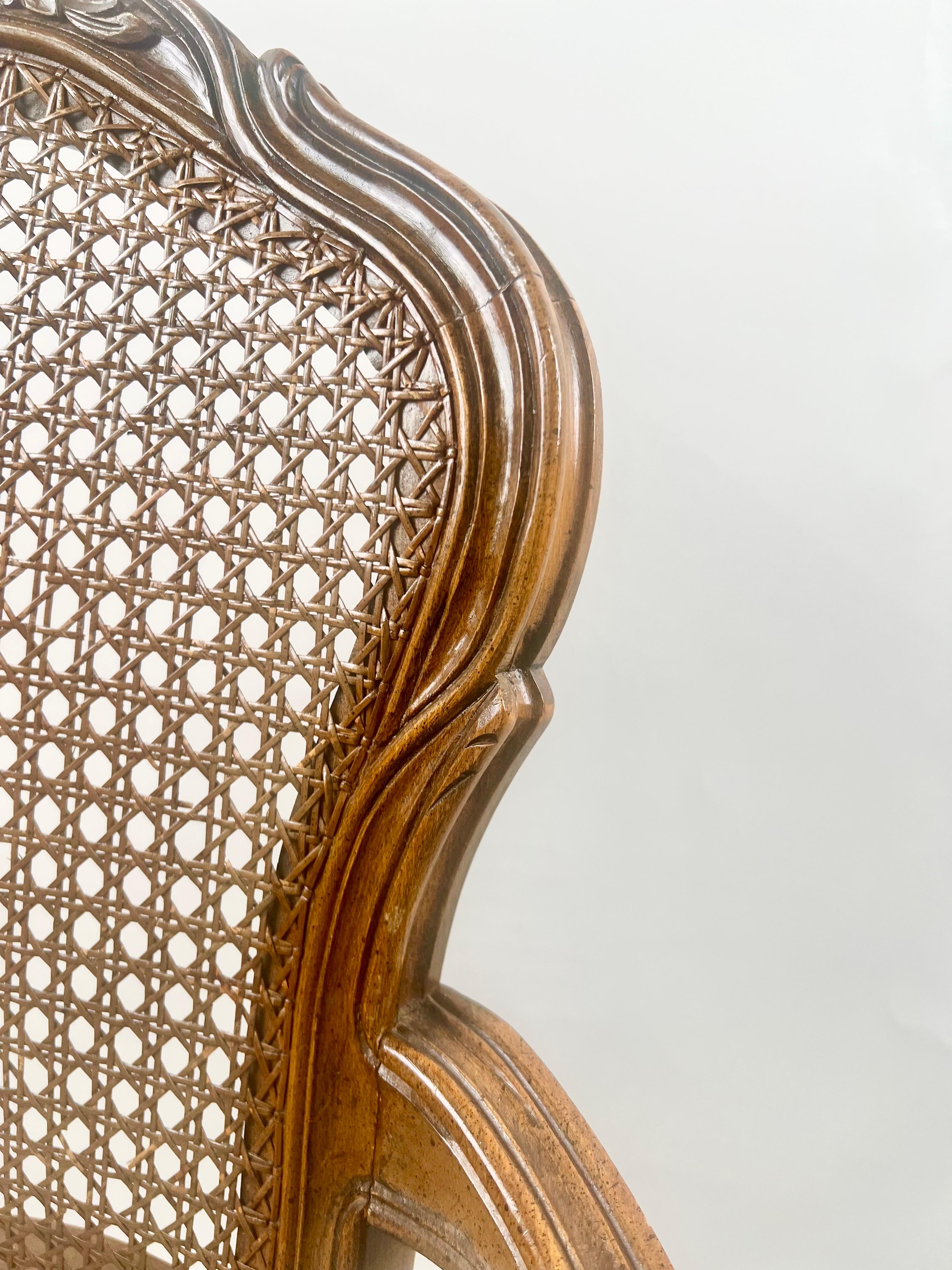 French Provincial Louis XV Style Cane Back with Plaid Upholstery Chair, a Pair For Sale 10