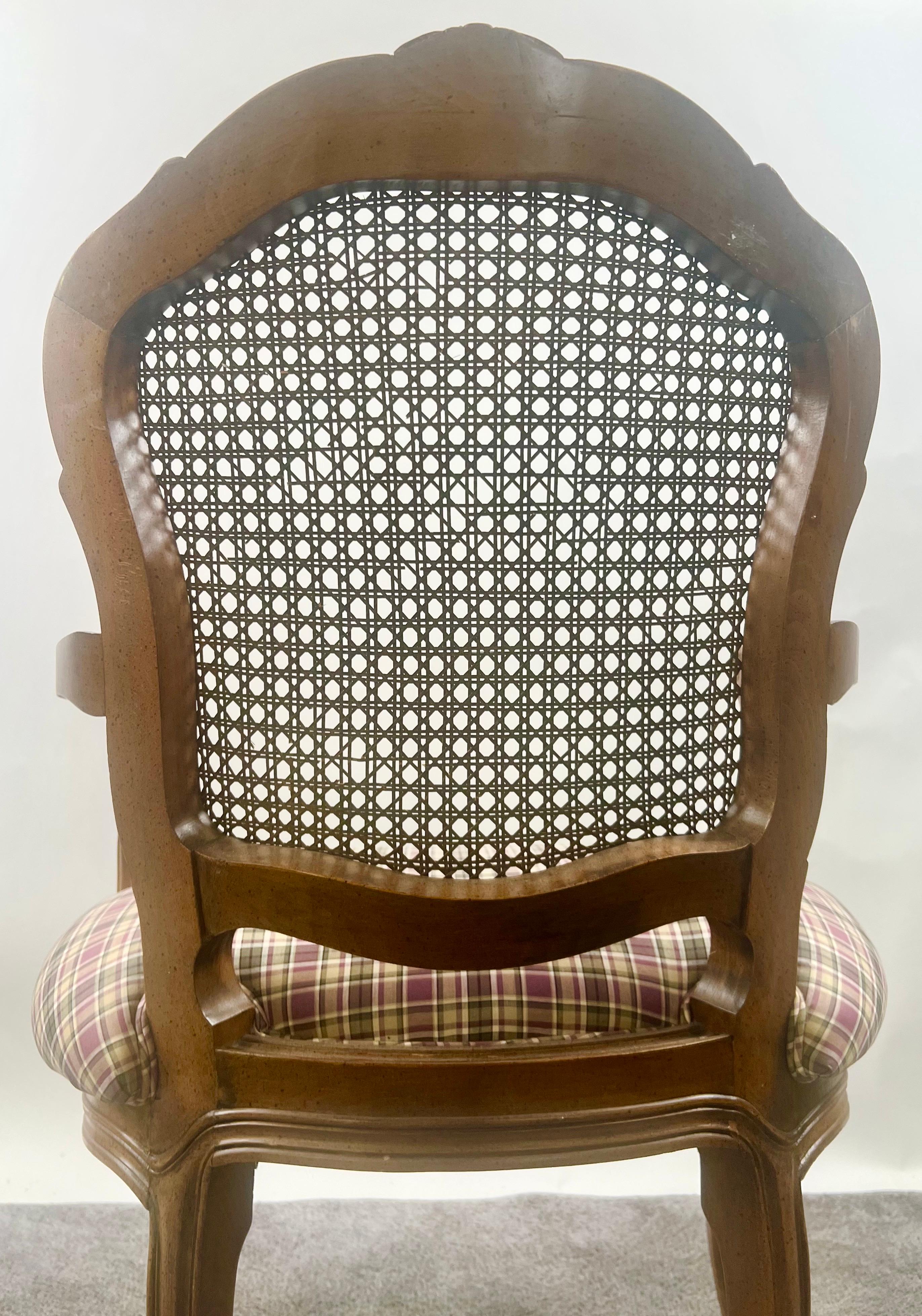French Provincial Louis XV Style Cane Back with Plaid Upholstery Chair, a Pair For Sale 12