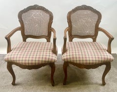 French Provincial Louis XV Style Cane Back with Plaid Upholstery Chair, a Pair