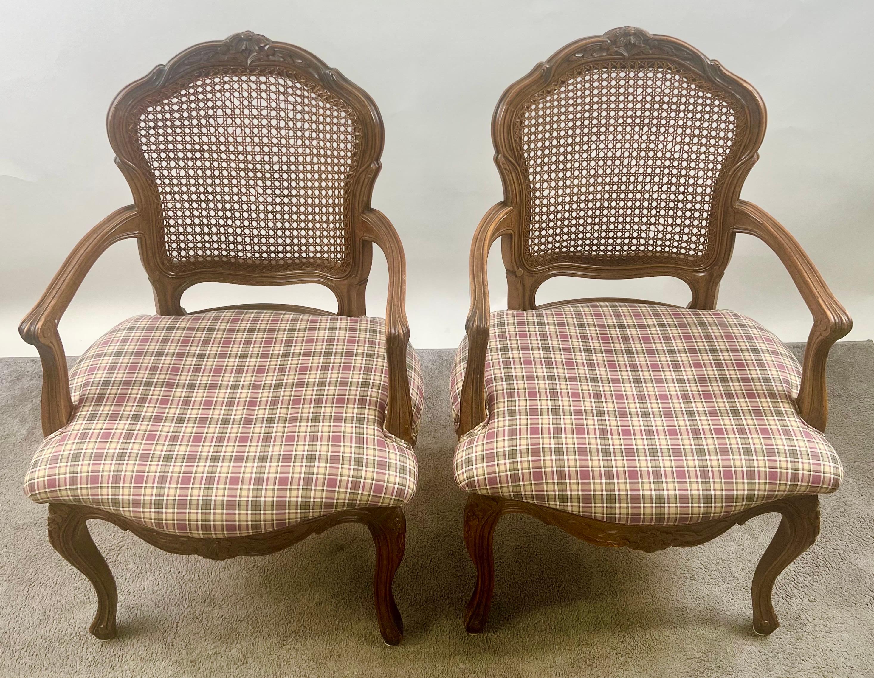 French Provincial Louis XV Style Cane Back with Plaid Upholstery Chair, a Pair In Good Condition For Sale In Plainview, NY