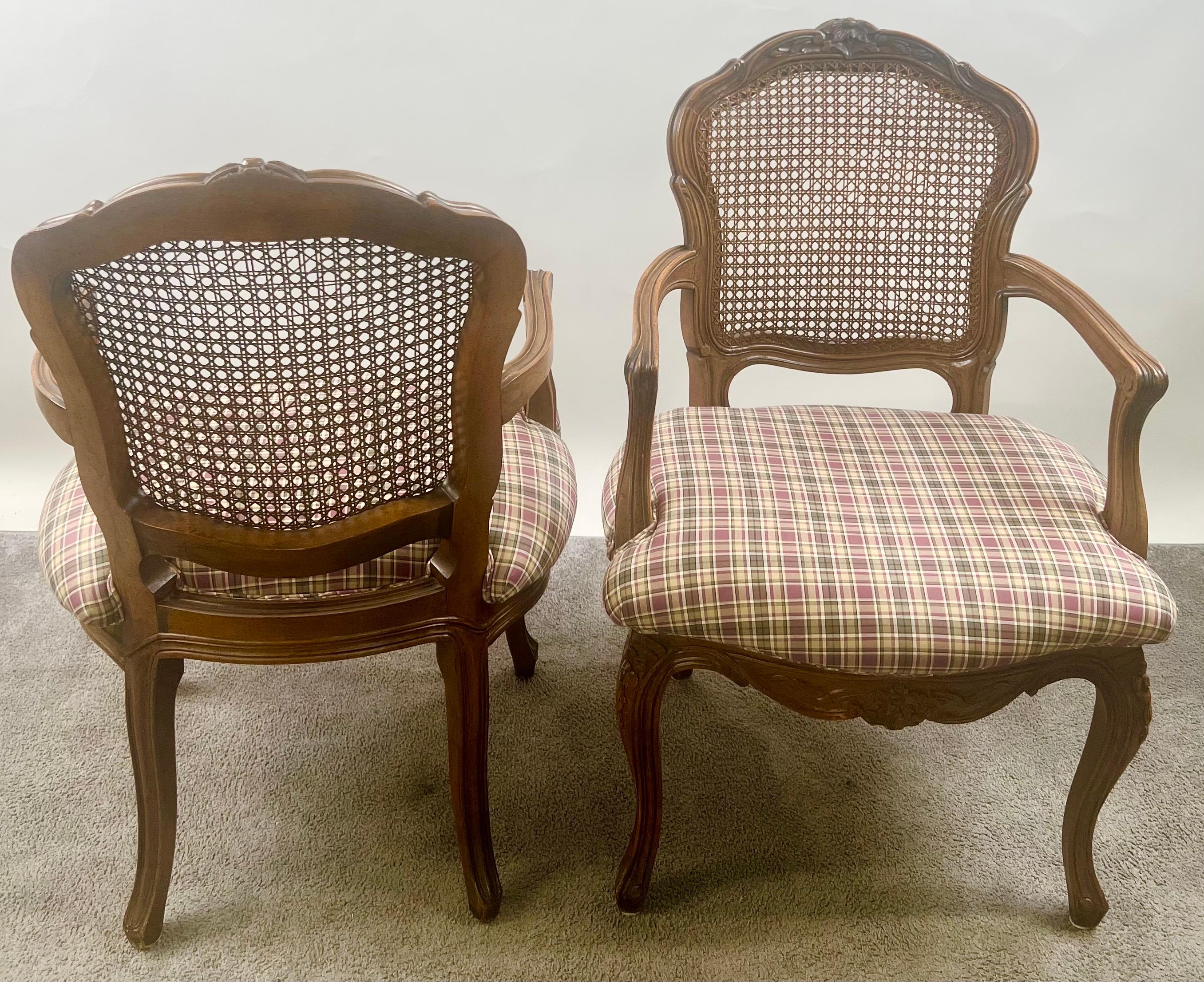 20th Century French Provincial Louis XV Style Cane Back with Plaid Upholstery Chair, a Pair For Sale