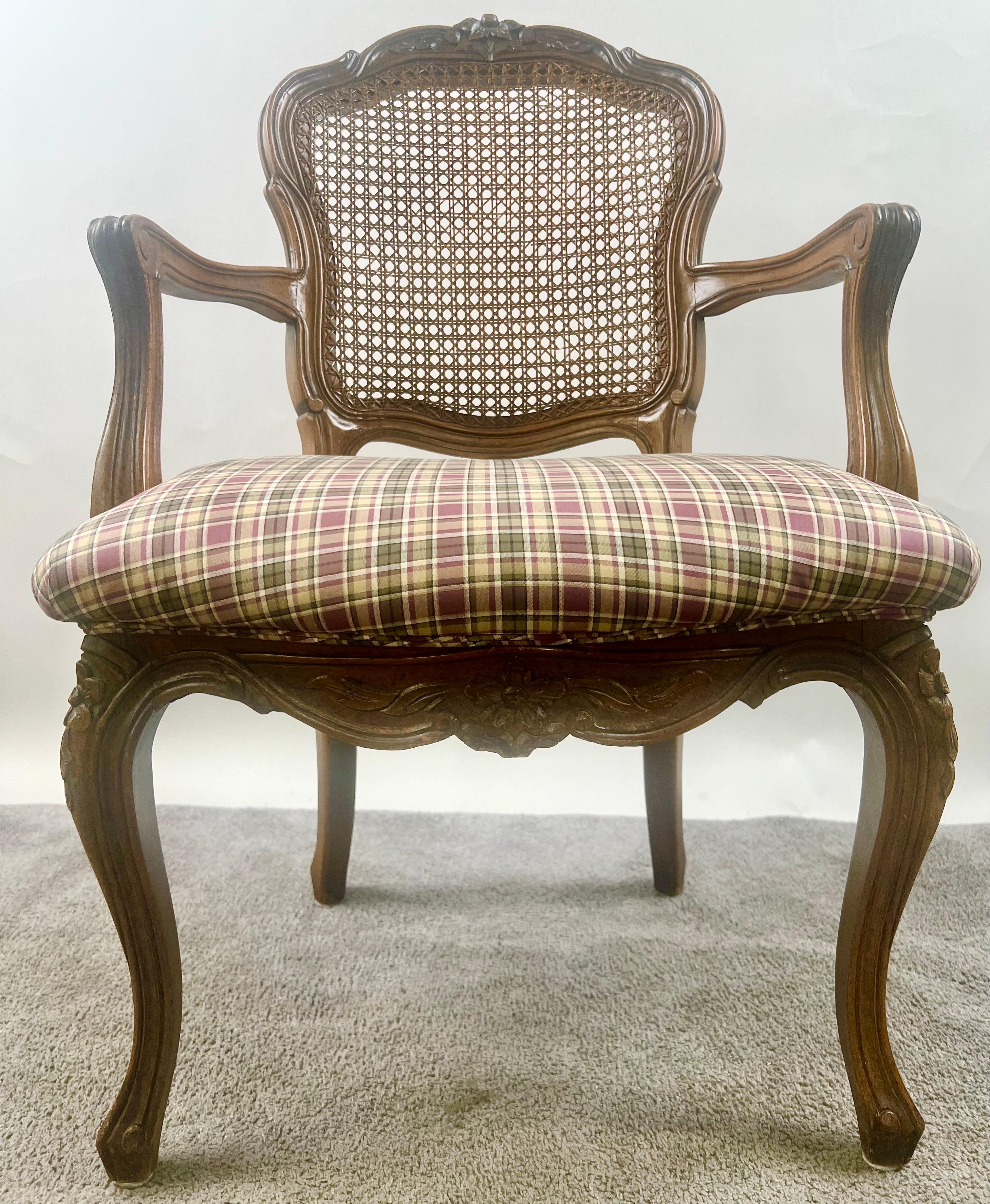 French Provincial Louis XV Style Cane Back with Plaid Upholstery Chair, a Pair For Sale 1