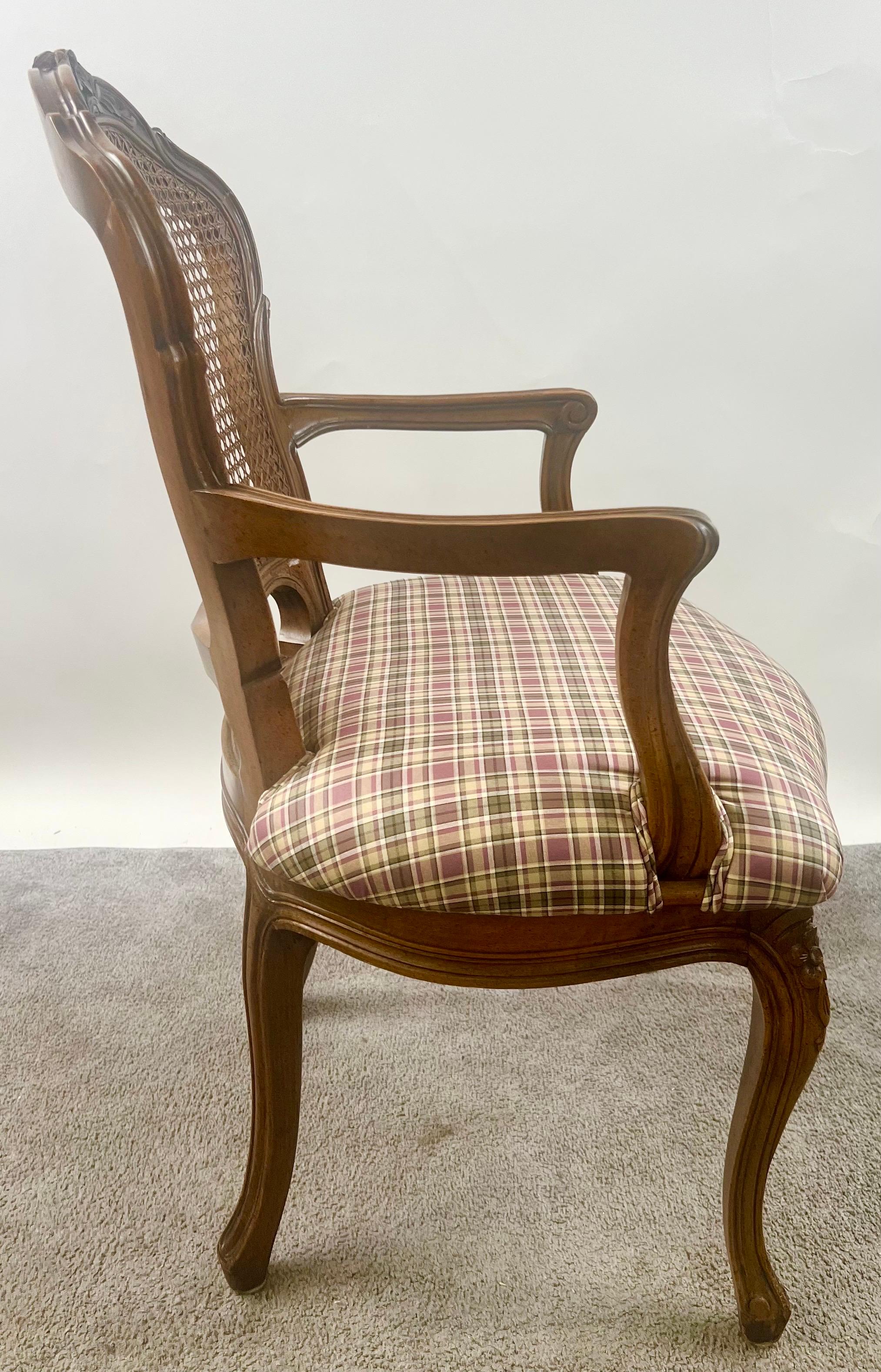 French Provincial Louis XV Style Cane Back with Plaid Upholstery Chair, a Pair For Sale 2