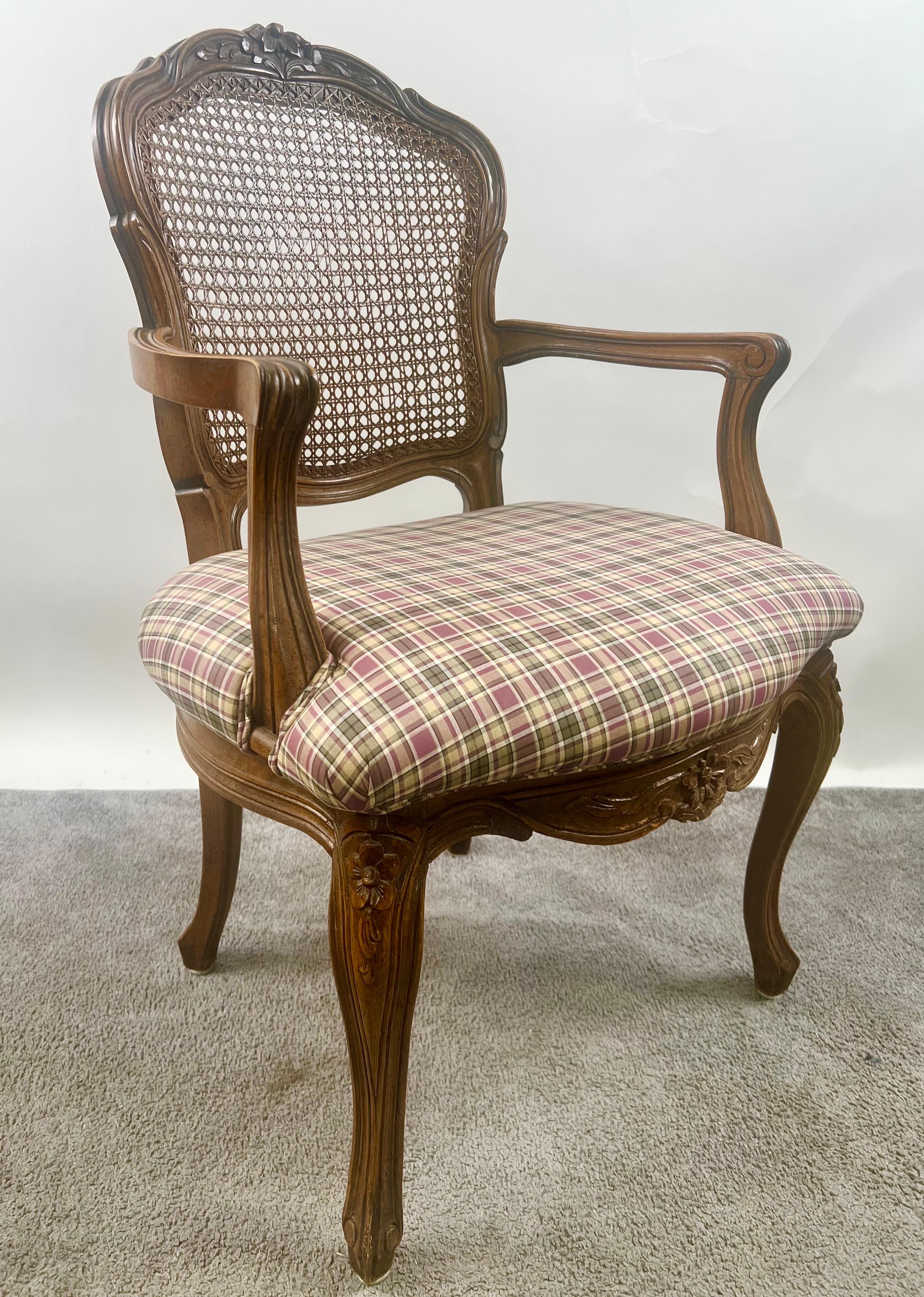 French Provincial Louis XV Style Cane Back with Plaid Upholstery Chair, a Pair For Sale 3