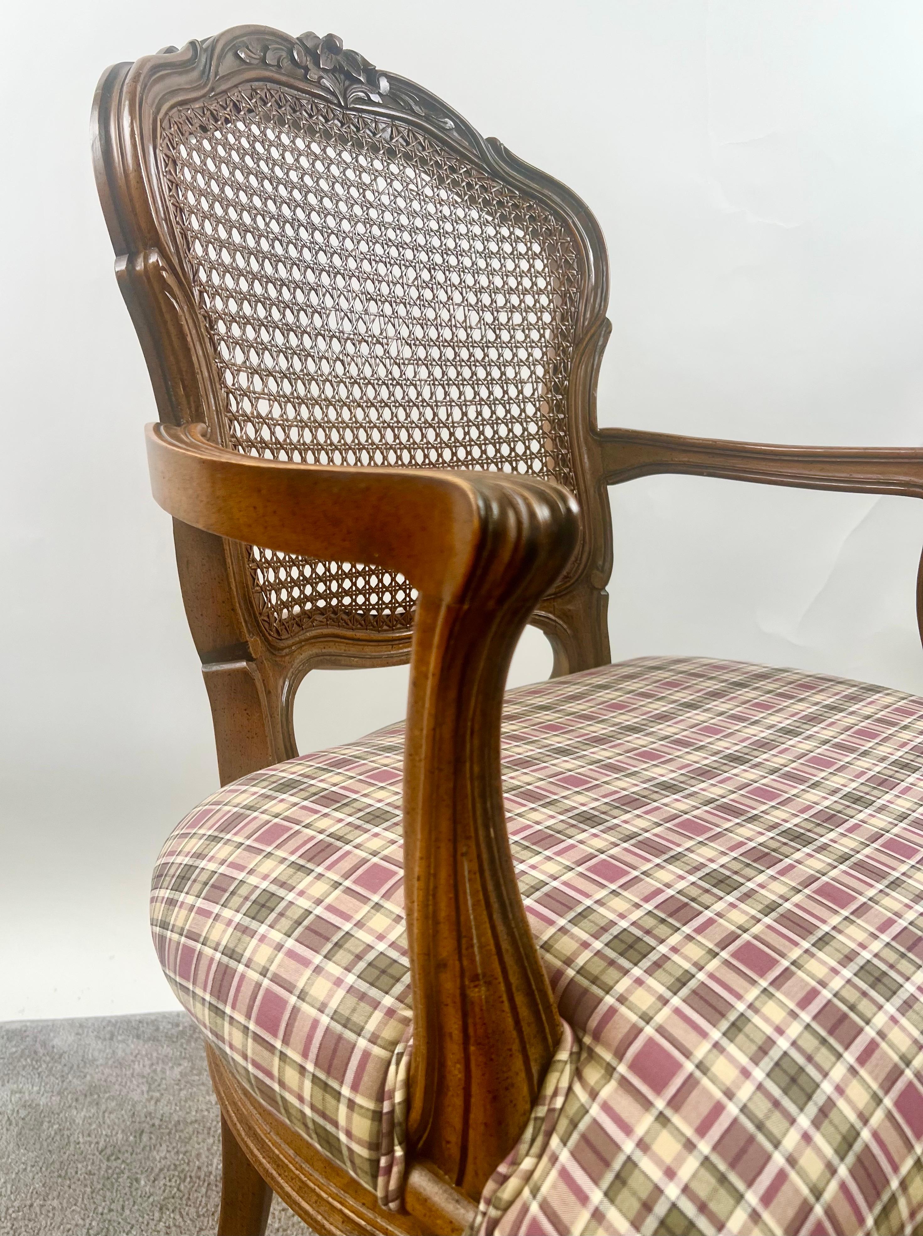 French Provincial Louis XV Style Cane Back with Plaid Upholstery Chair, a Pair For Sale 4