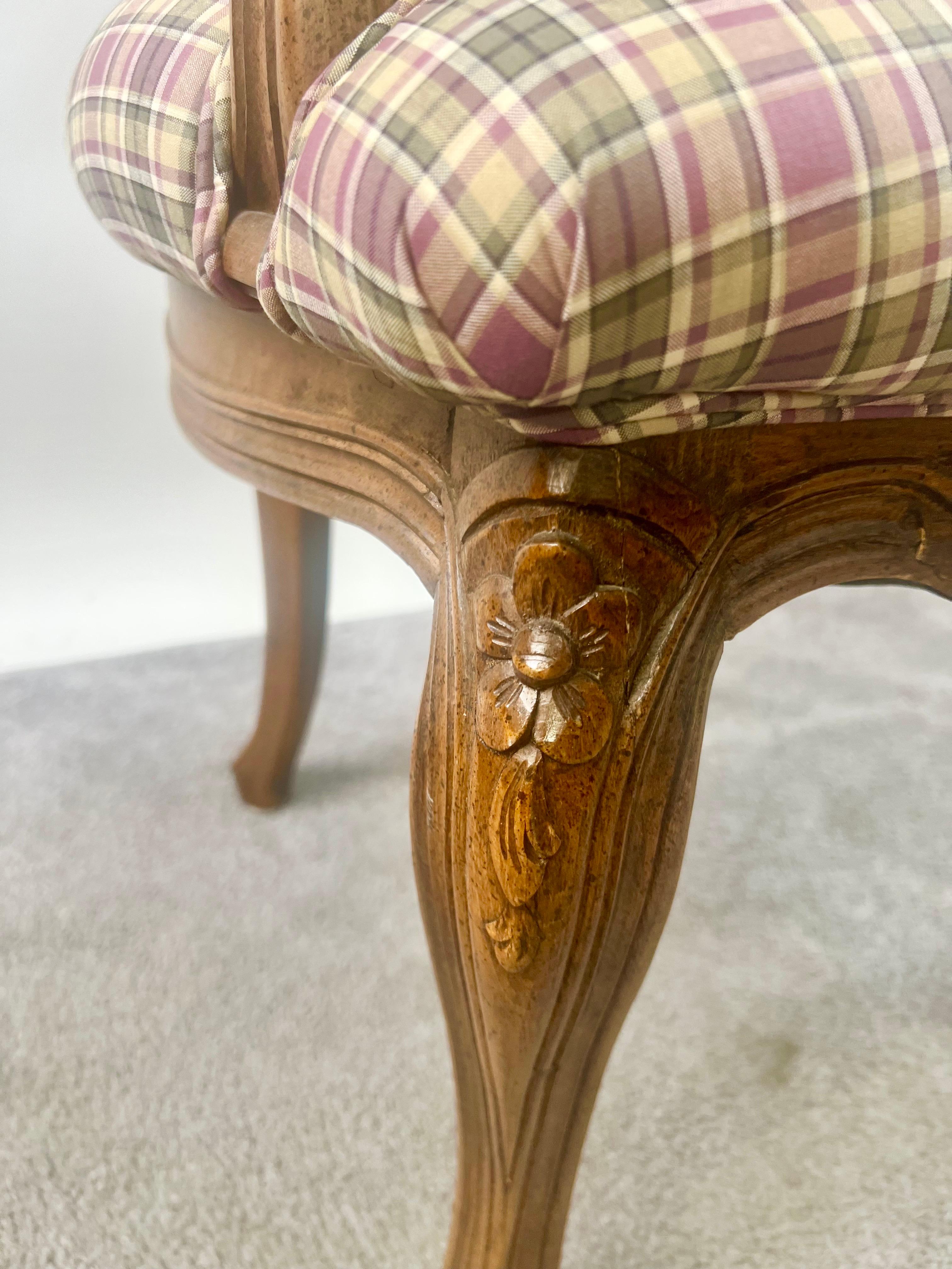 French Provincial Louis XV Style Cane Back with Plaid Upholstery Chair, a Pair For Sale 5