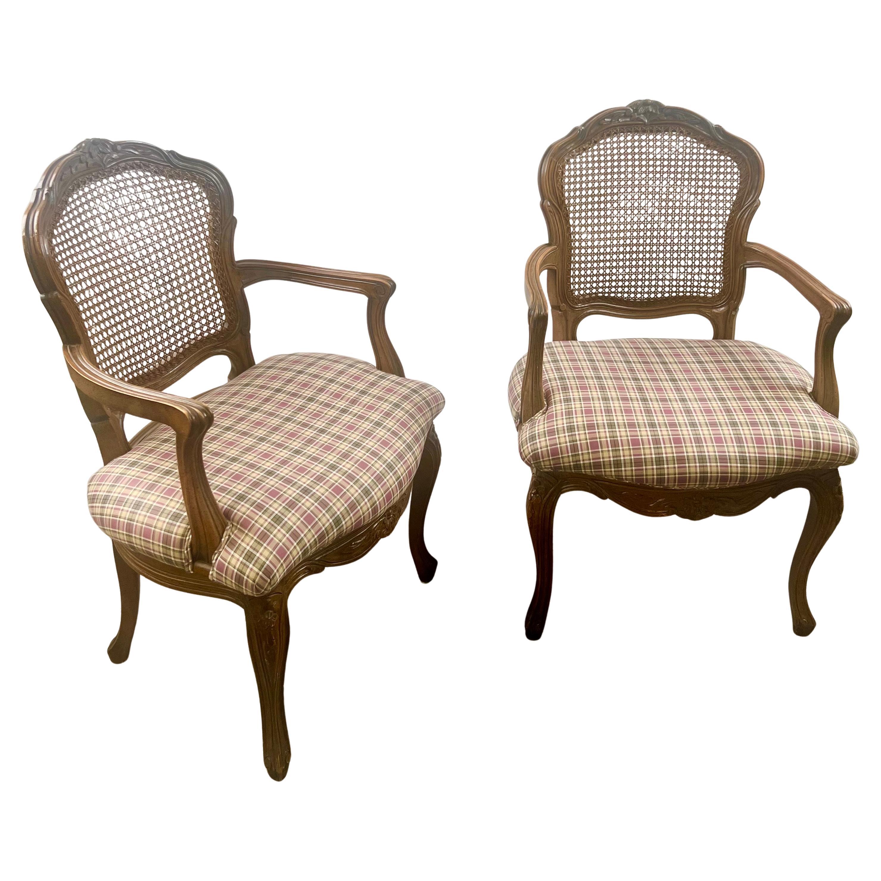 French Provincial Louis XV Style Cane Back with Plaid Upholstery Chair, a Pair For Sale